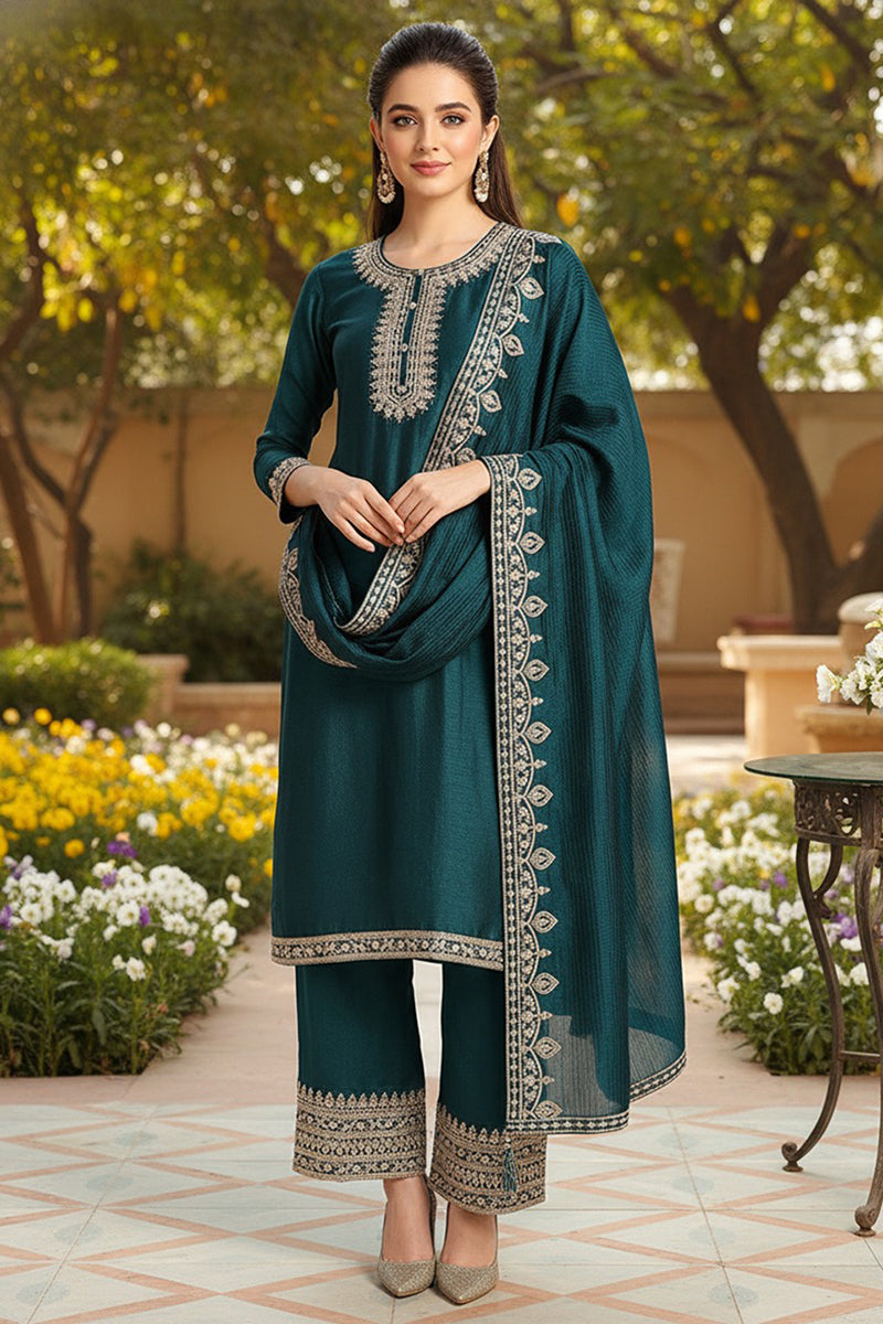 Green Silk Blend Solid Embroidered Straight Suit Set | SHOBITAM
