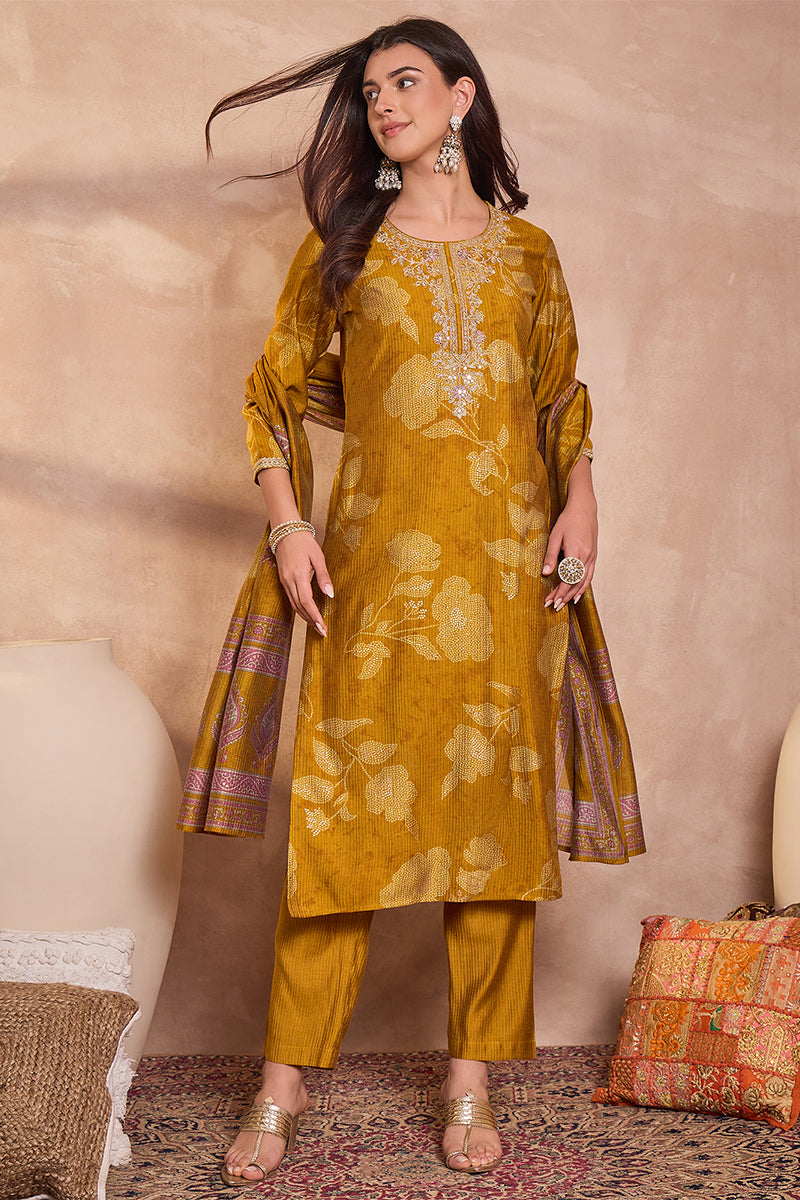 Mustard Silk Blend Floral Printed Straight Kurta Trouser With Dupatta | SHOBITAM