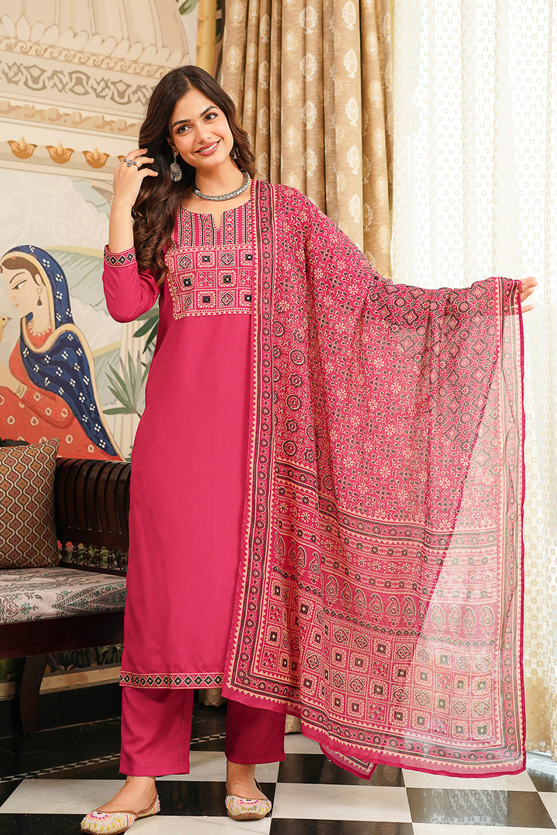 Pink Cotton Blend Ajrakh Printed Straight Kurta Trousers With Dupatta | SHOBITAM