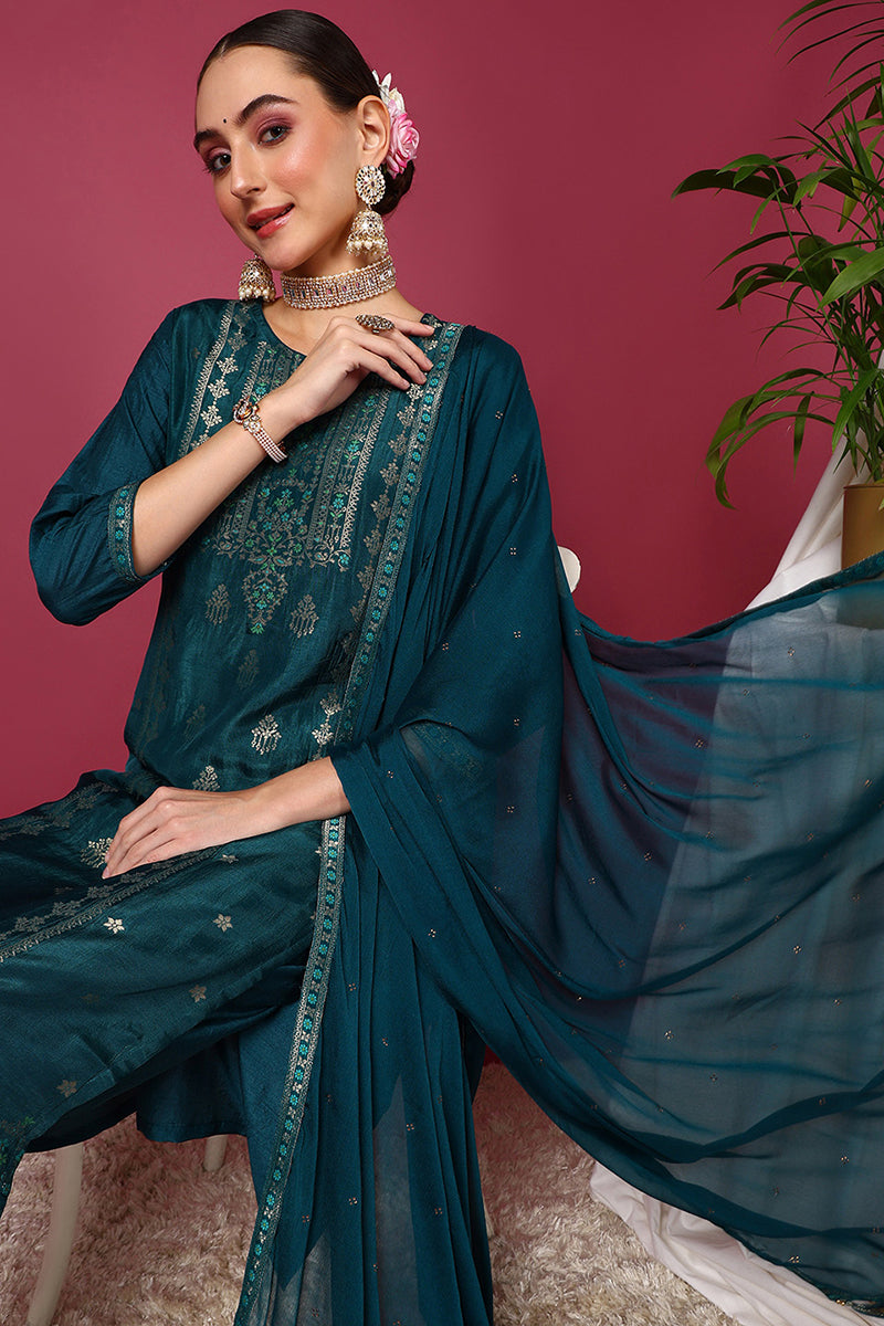 Teal Silk Blend Ethnic Motifs Woven Design Straight Suit Set | SHOBITAM