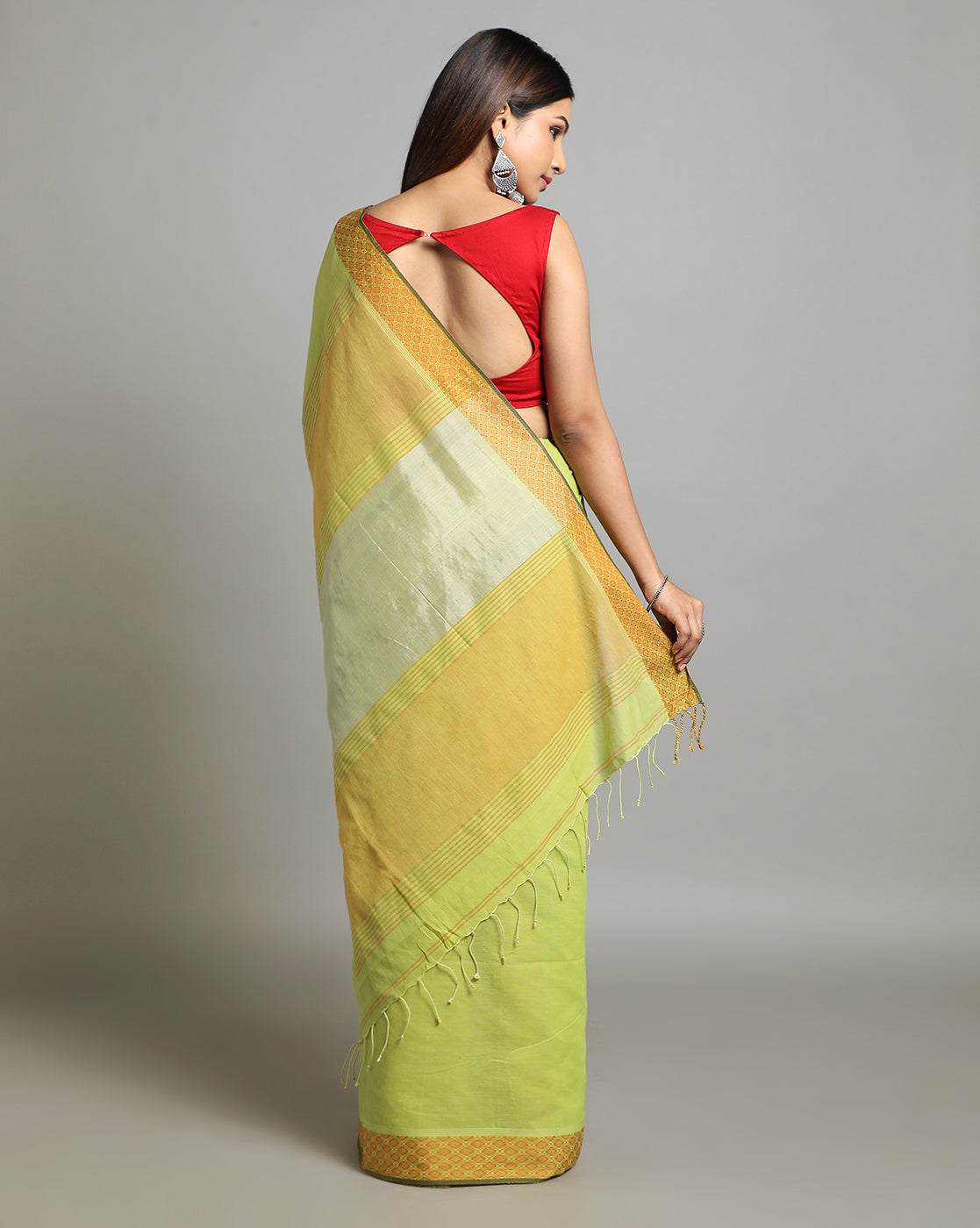 Lime green Golden Jacquard Cotton Saree | Shobitam
