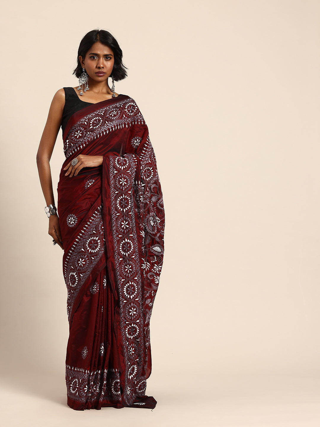 Maroon Grey Silk Kantha Saree with Blouse piece | SHOBITAM