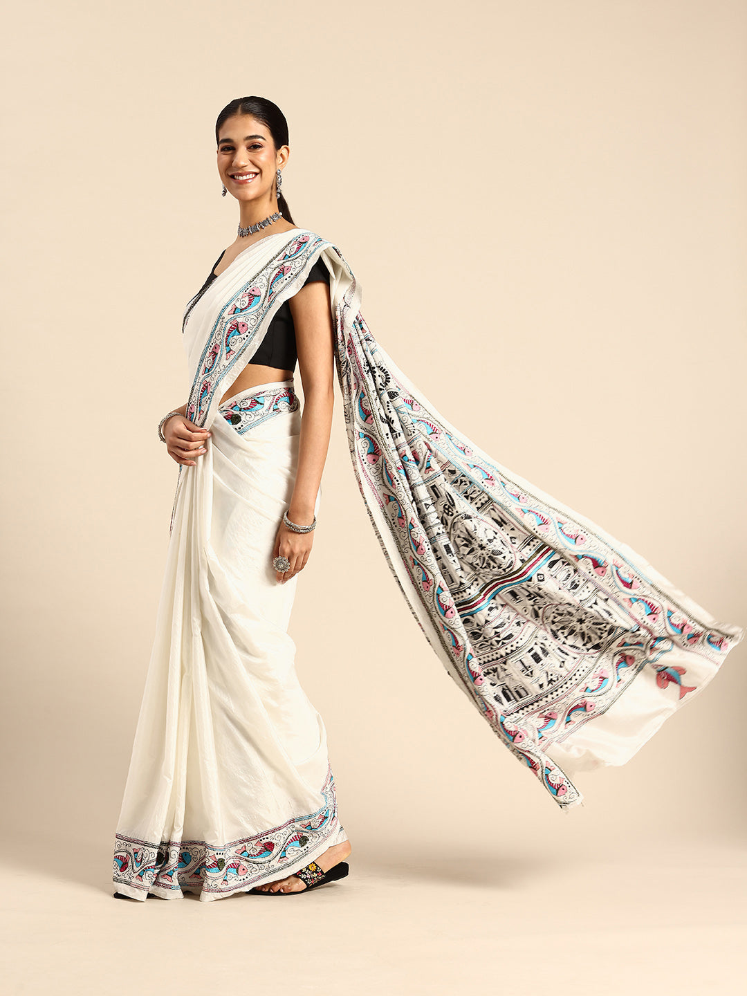 Handloom White Silk Kantha Saree with Blouse piece | SHOBITAM
