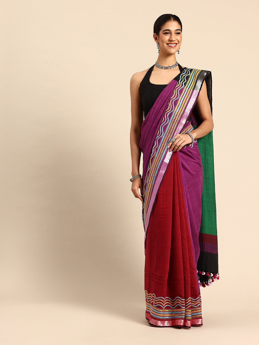 Handloom Black Magenta Colorblock Cotton Kantha Saree | SHOBITAM