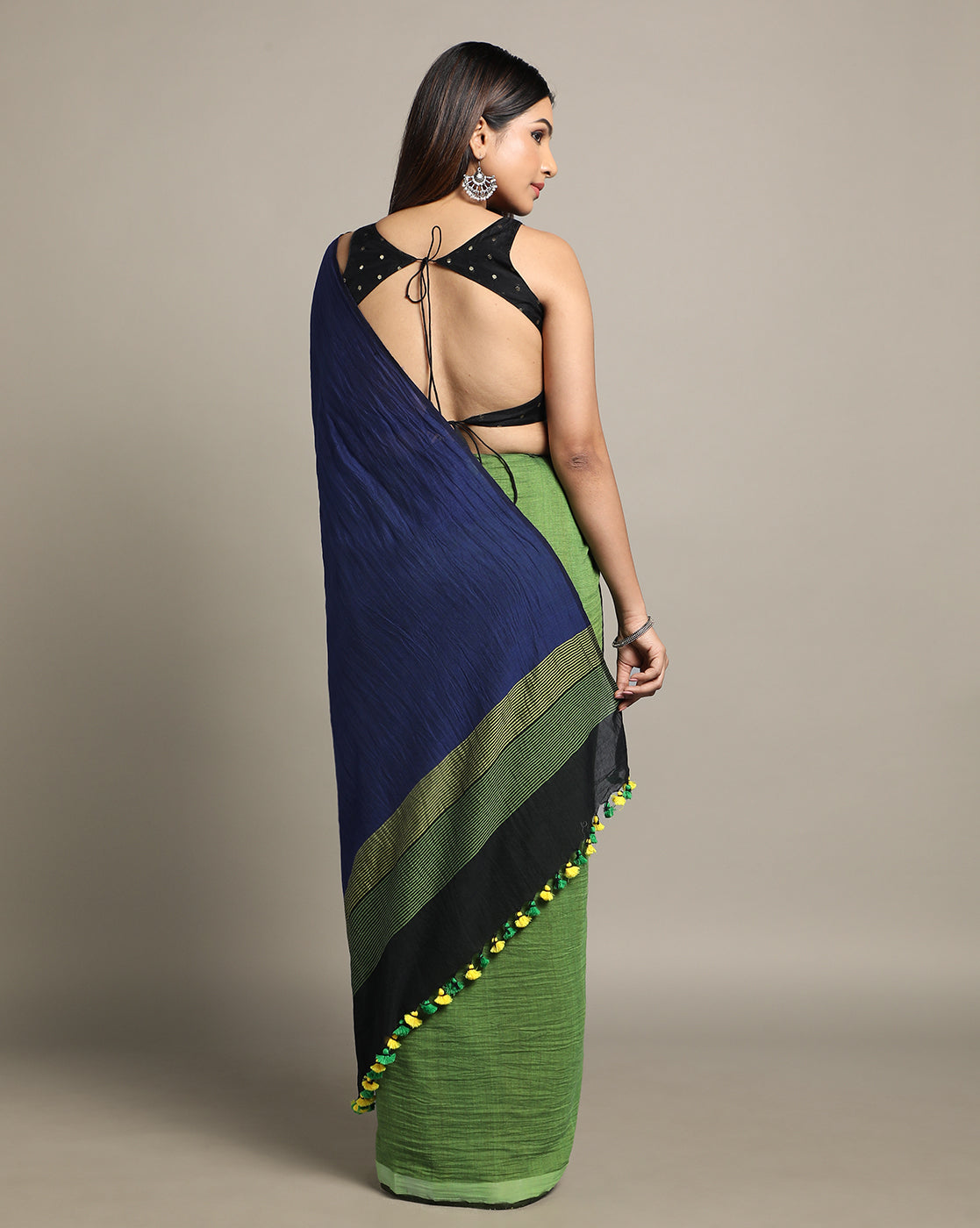 Colour block Cotton Saree with pompoms | Shobitam