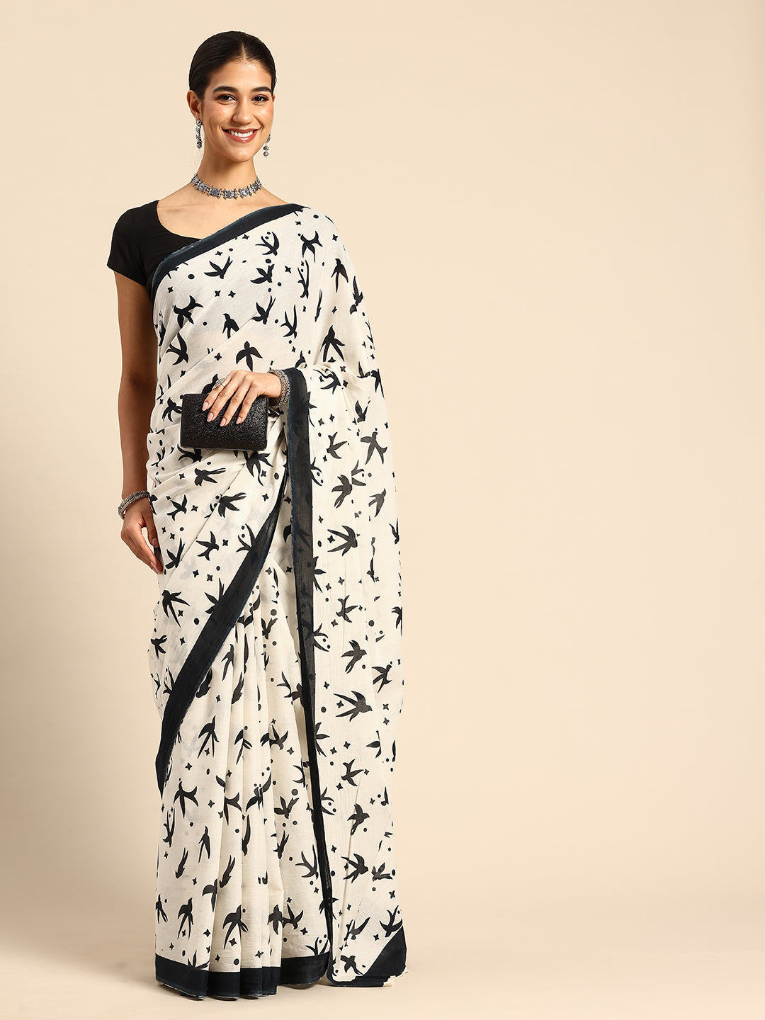 Cream Pure cotton Printed Saree with blouse piece | SHOBITAM
