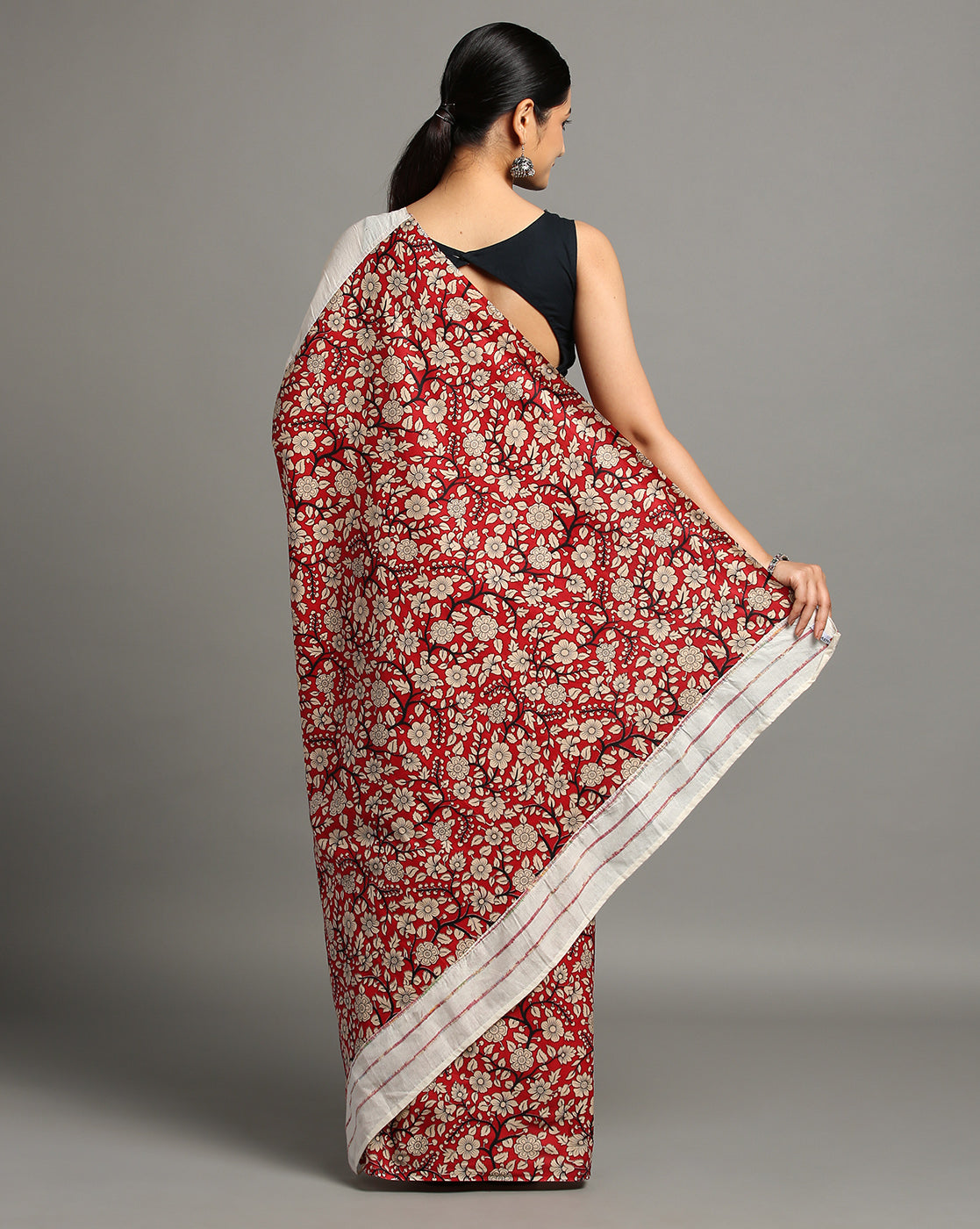 White Red Ajrak Print Khesh Cotton Saree with Blouse piece | SHOBITAM