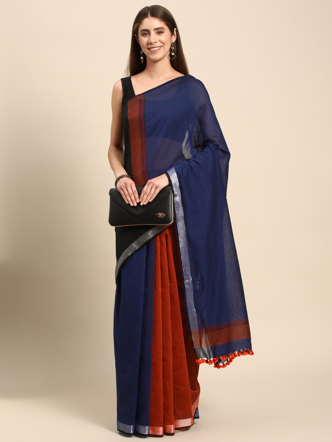 Colour block Cotton Saree with pompoms | Shobitam