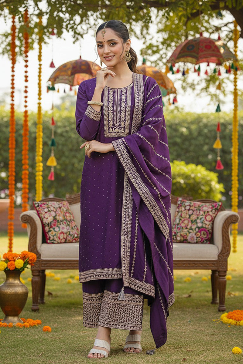 Purple Silk Blend Straight Kurta Palazzo With Dupatta | SHOBITAM
