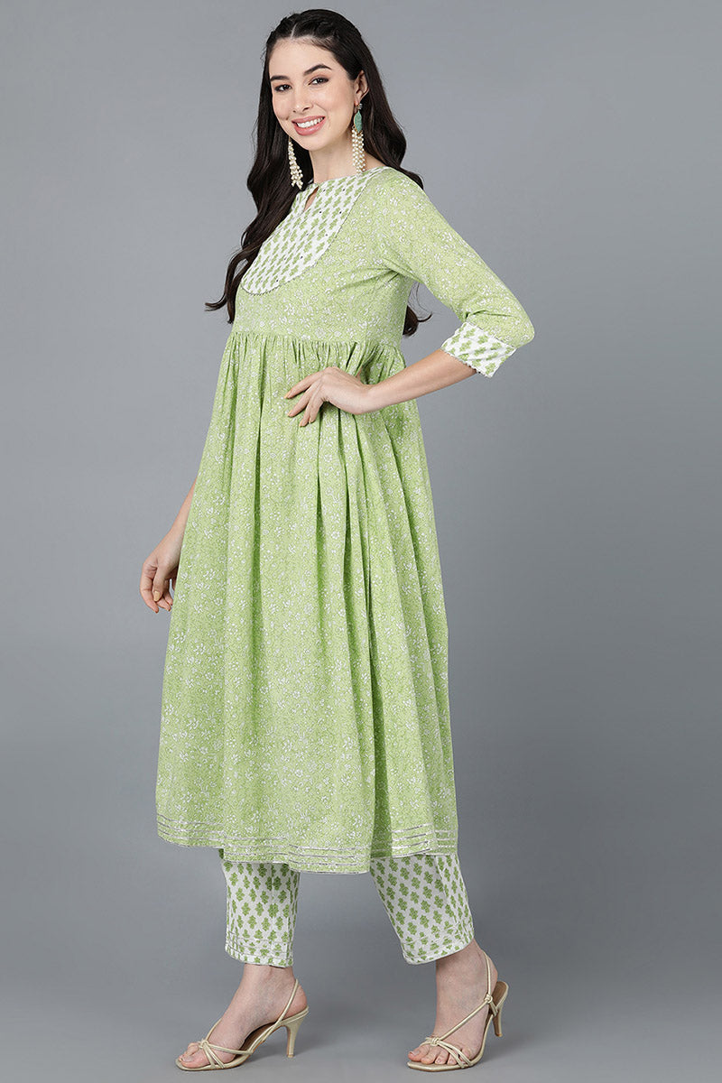 Light Green Cotton Flared Kurta Pant With Dupatta   | SHOBITAM