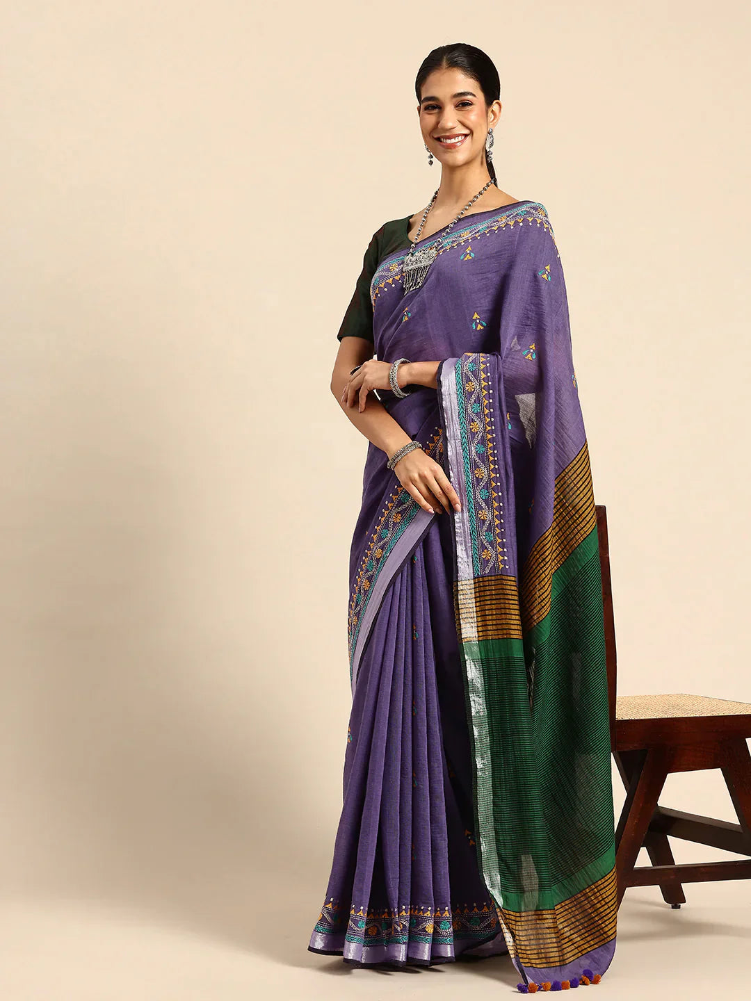 Violet Handloom Cotton Saree with Kantha Embroidery