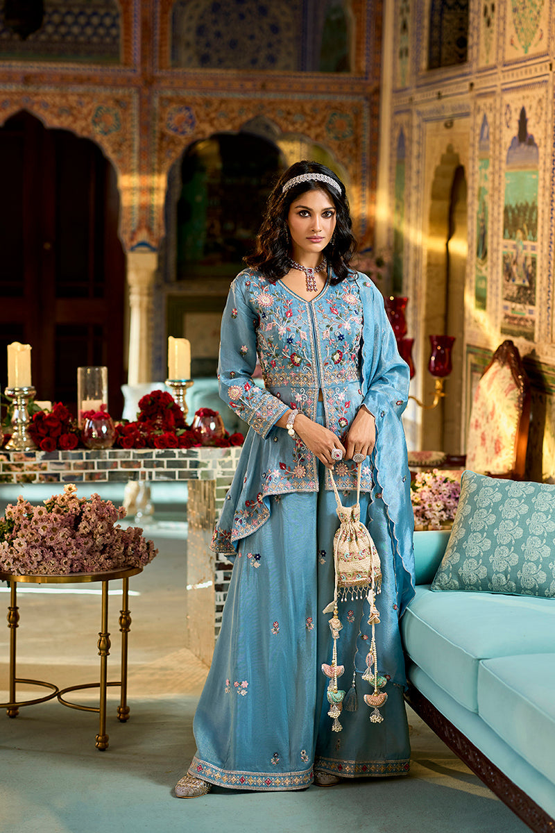 Blue Solid Embroidered Straight Kurta Palaazo with Dupatta | SHOBITAM