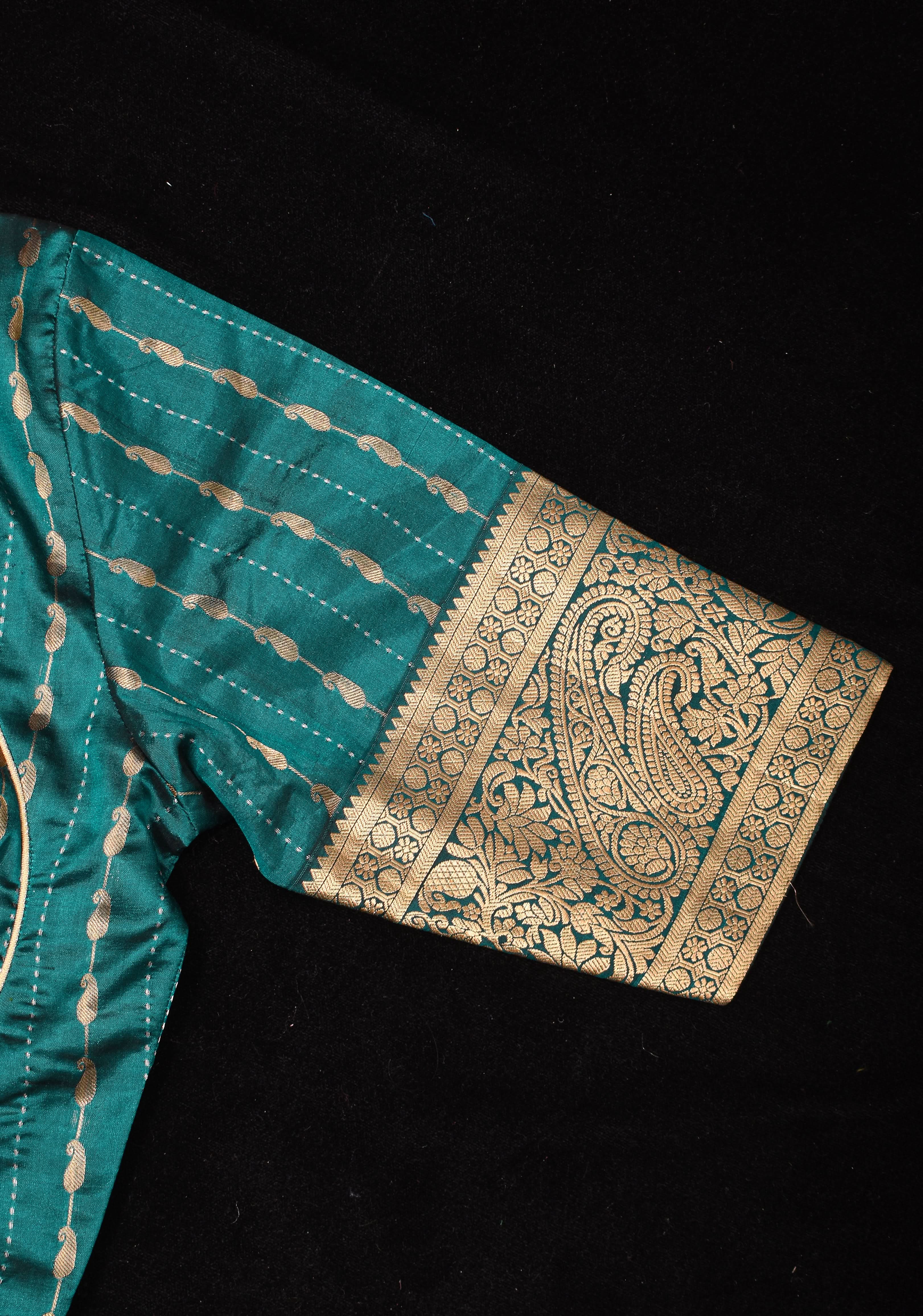Peacock Blue Banarasi buti blouse with zari yoke detailing, made to order | Shobitam