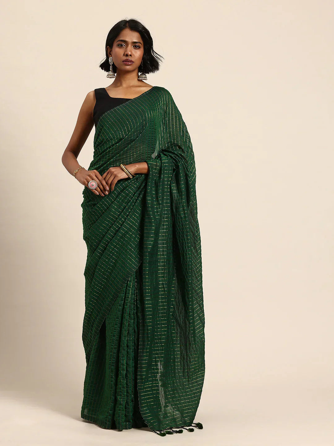 Green Pure Cotton Saree With Blouse Piece