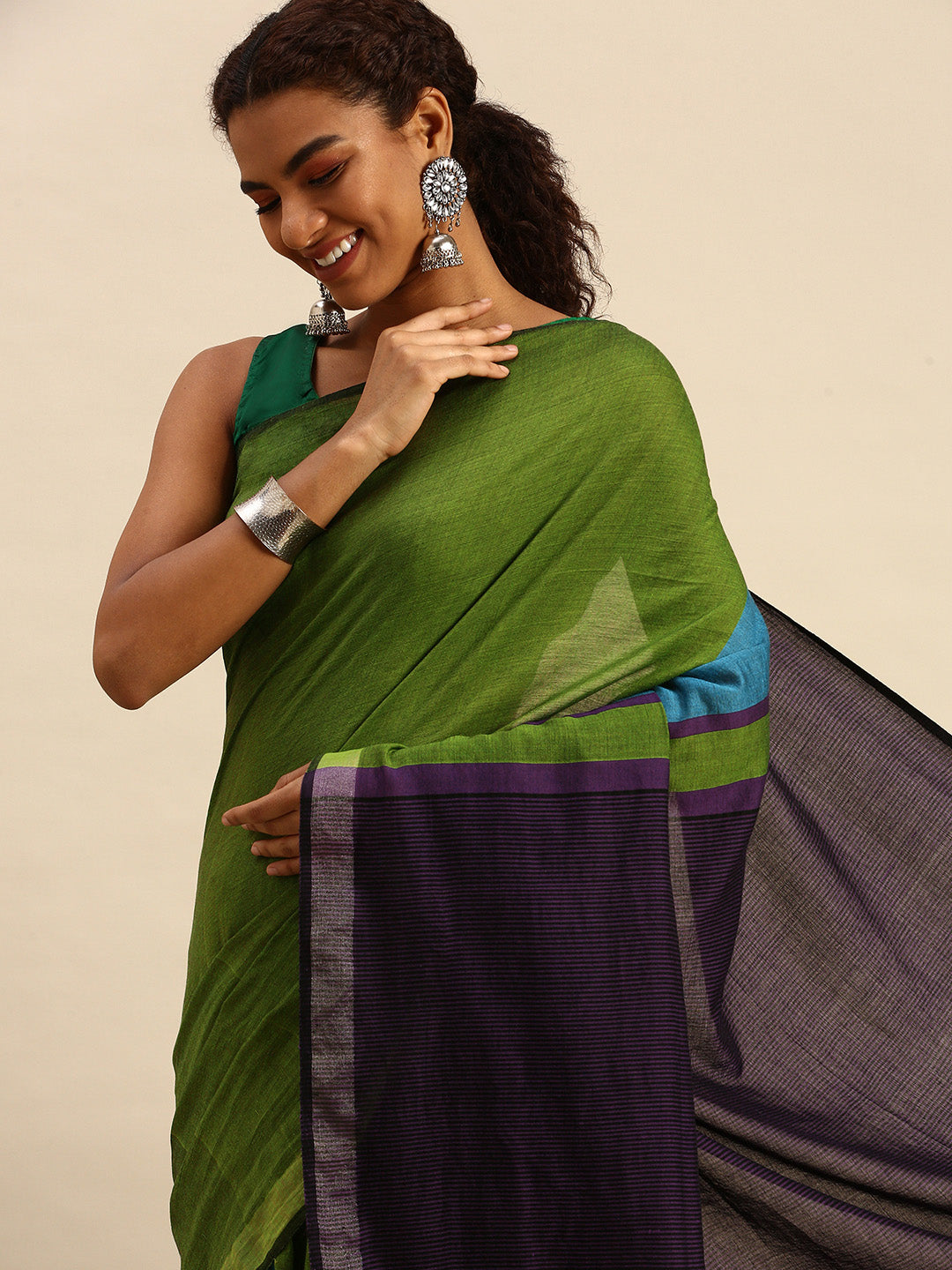 Colour block Cotton Saree with pompoms | Shobitam