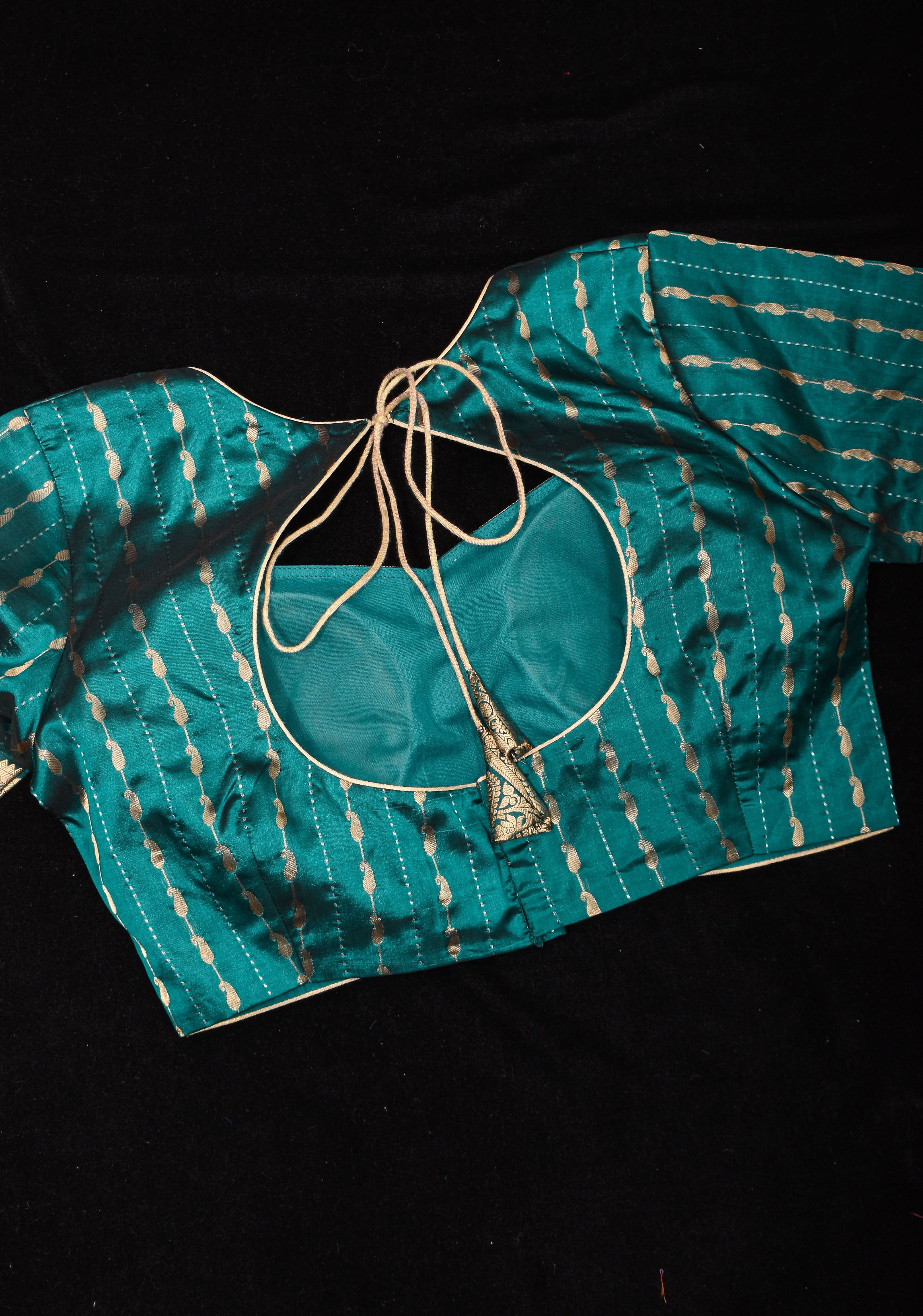 Peacock Blue Banarasi buti blouse with zari yoke detailing, made to order | Shobitam