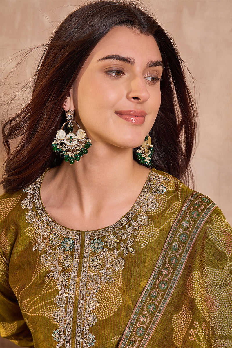 Green Silk Blend Floral Printed Straight Kurta Trouser With Dupatta | SHOBITAM