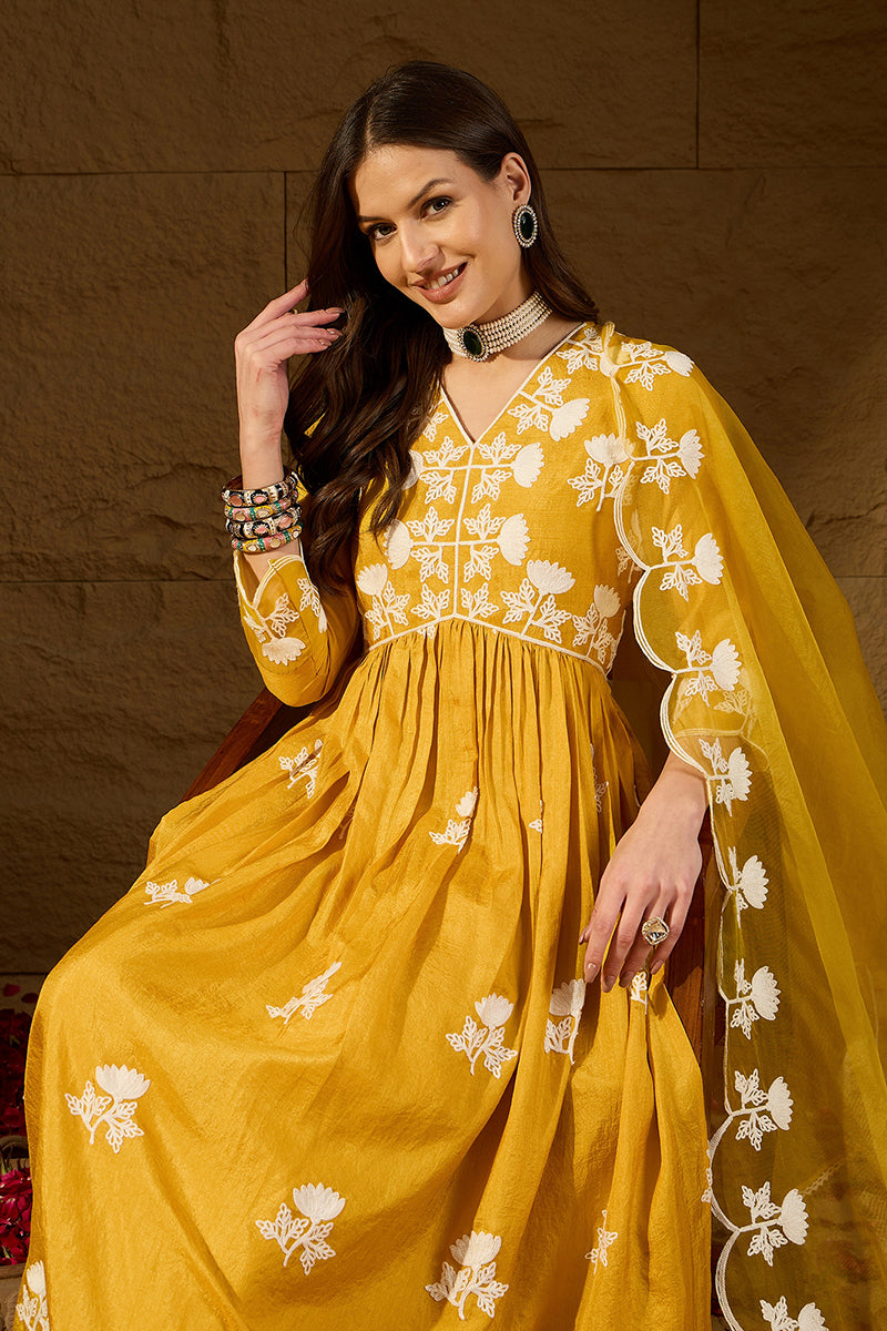Yellow Silk Blend Solid Embroidered A-Line Kurta Trouser With Dupatta | SHOBITAM