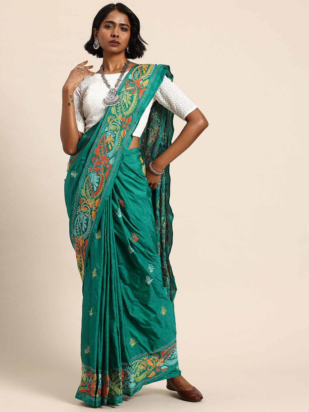Green Art Silk Kantha Saree with Blouse piece | SHOBITAM