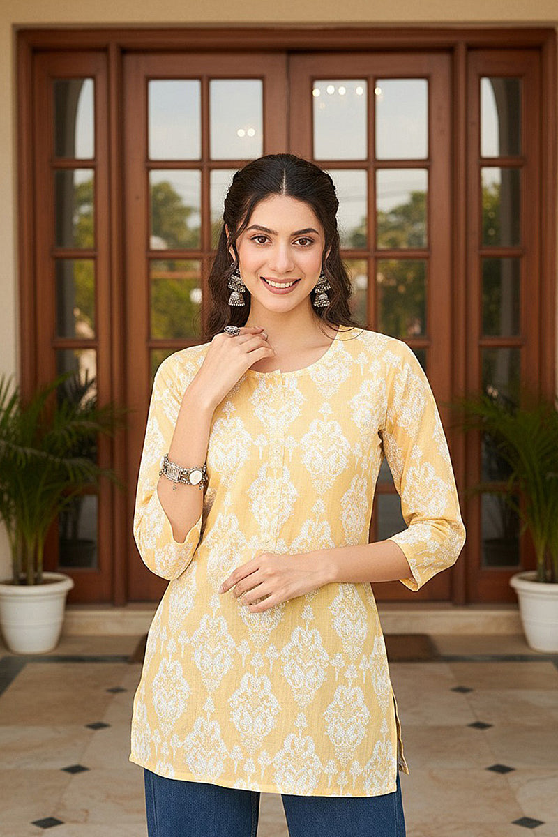 Yellow Cotton Blend Ethnic Motifs Printed Regular Top | SHOBITAM