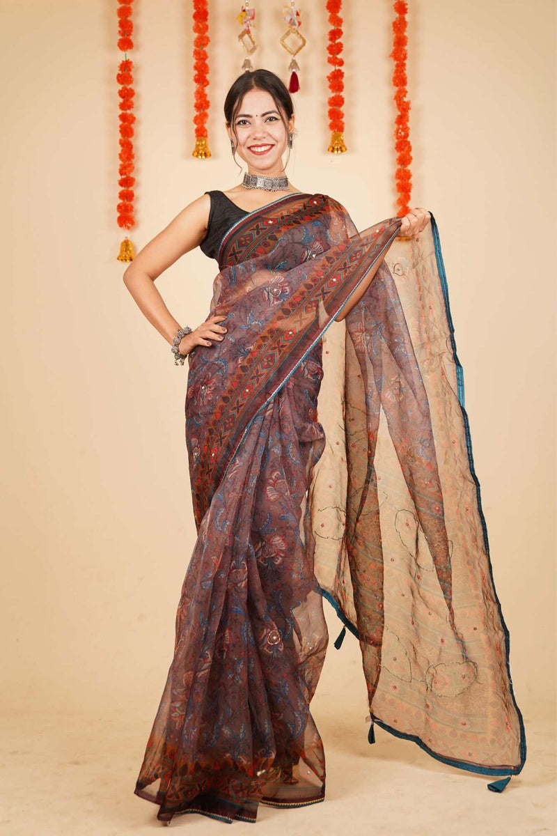 Ready To Wear Beautiful Printed organza With Intricate Beads & Sequence work Wrap in 1 minute saree With Readymade Blouse - Isadora Life Online Shopping Store