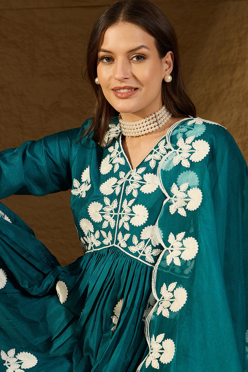 Teal Silk Blend Solid Embroidered A-Line Kurta Trouser With Dupatta | SHOBITAM