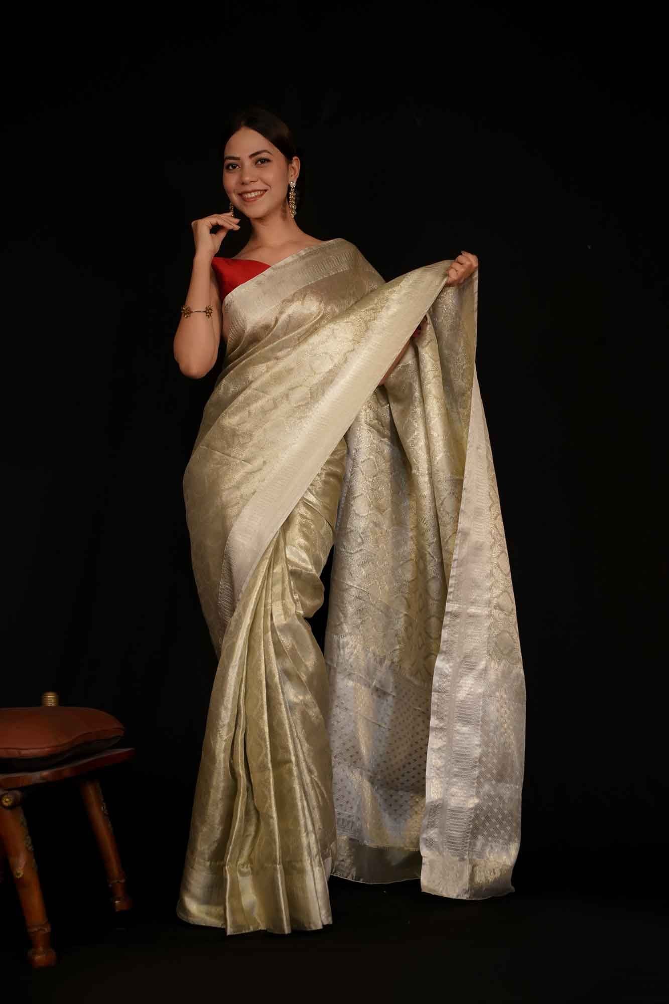 Naintaara  Inspired Off White Tissue Silk Zari Border Wrap in 1 Minute Saree