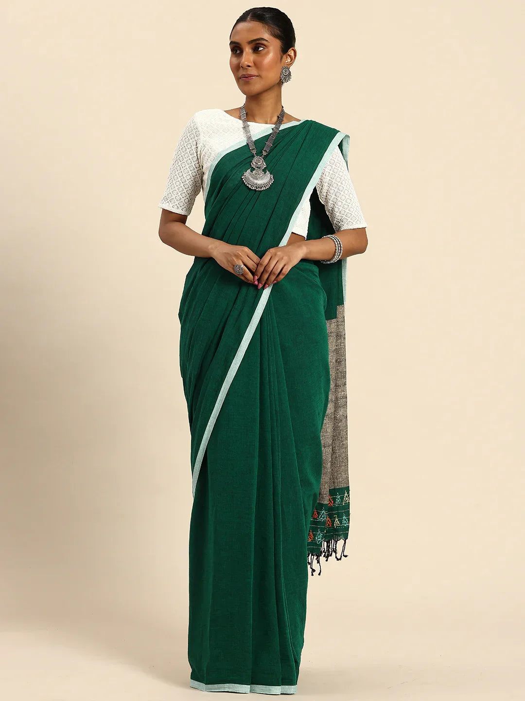 Dark Green 100% Cotton Handloom Saree with Kantha Embroidery on Ghicha Pallu and Blouse Piece