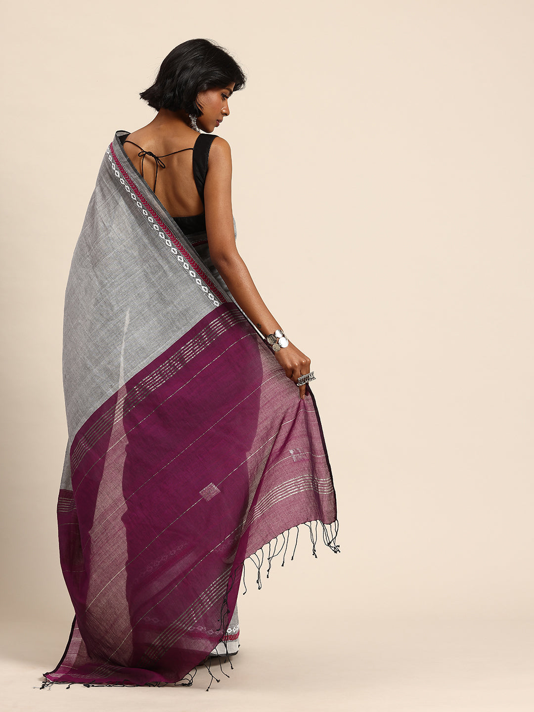 Handloom Grey Purple Cotton Kantha Saree | SHOBITAM