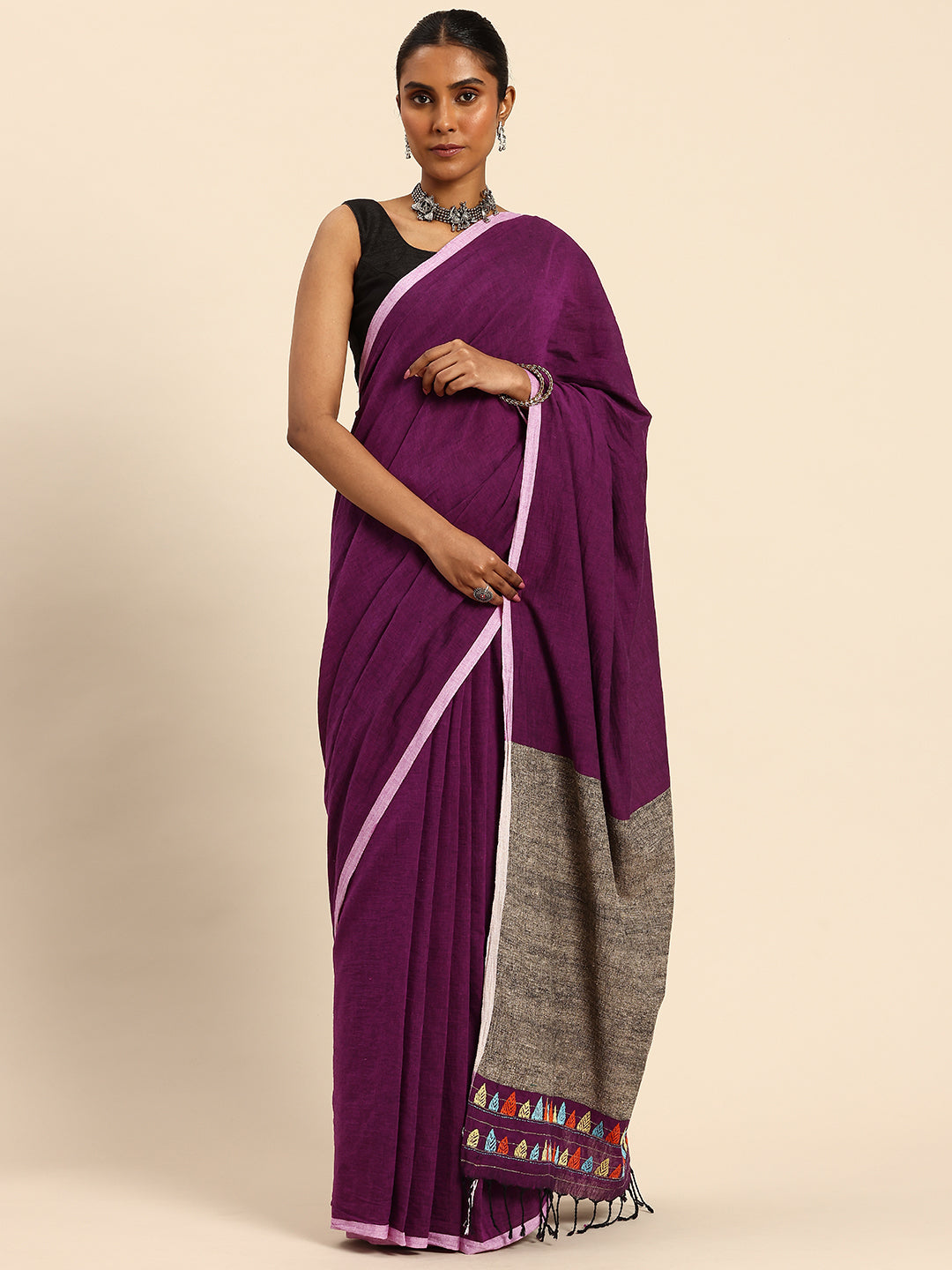 Handloom Purple Ghicha Pallu Kantha Stitch Saree with Blouse piece | SHOBITAM