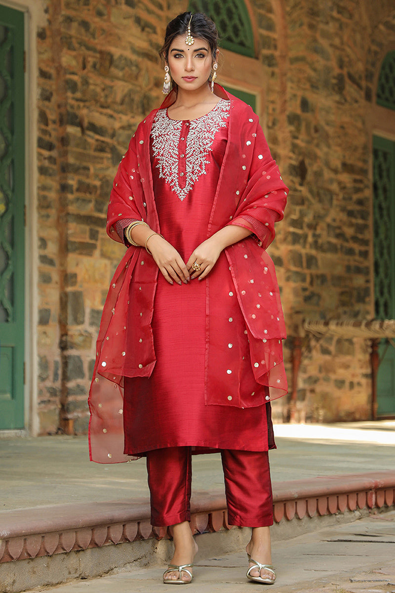 Maroon Poly Silk Solid Yoke Design Kurta Trousers With Dupatta | SHOBITAM