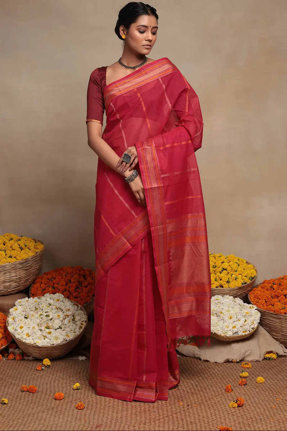 Magenta Handloom Kanchi Cotton Saree With Stripes | Shobitam