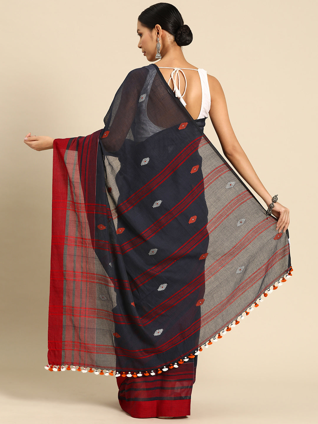 Navy & Orange Cotton Handloom Assamese Saree No Blouse Piece | Shobitam