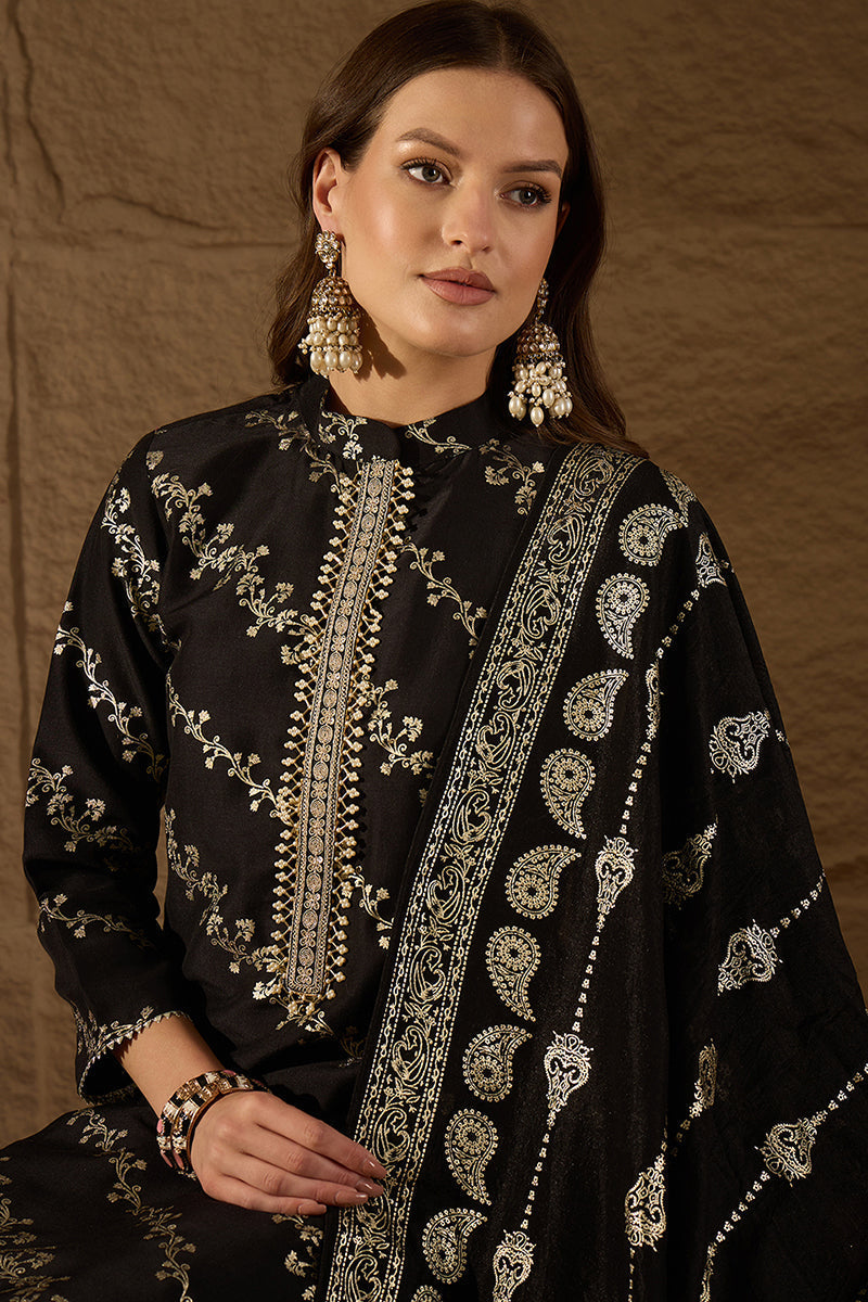 Black Silk Blend Ethnic Motifs Printed Straight Kurta Sets | SHOBITAM