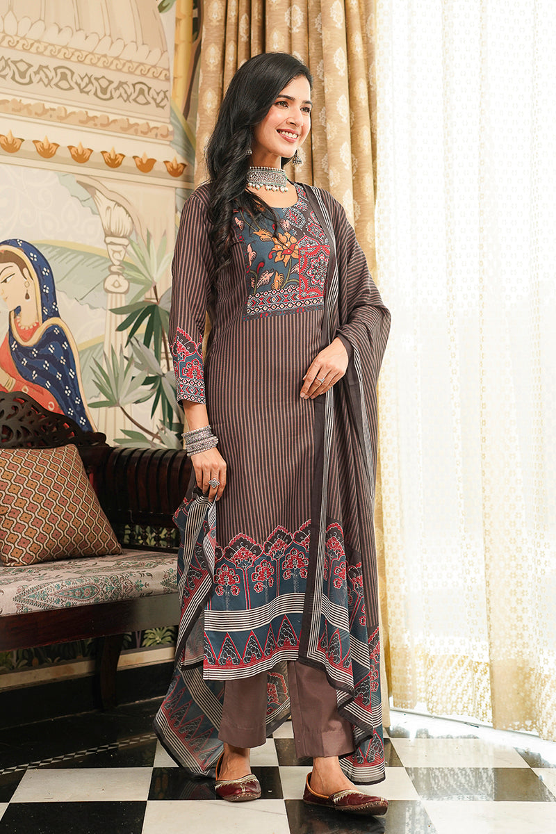 Brown Cotton Blend Ethnic Motifs Printed Straight Kurta Trousers With Dupatta | SHOBITAM