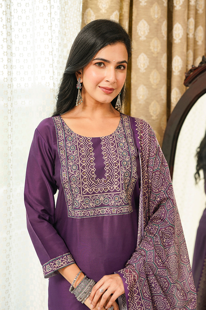 Purple Cotton Blend Ajrakh Printed Straight Kurta Trousers With Dupatta | SHOBITAM