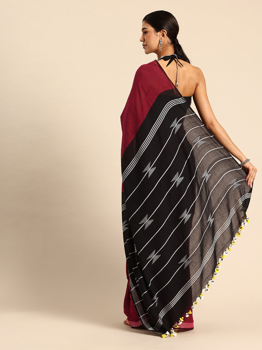 Black Maroon Cotton Handloom Saree| SHOBITAM