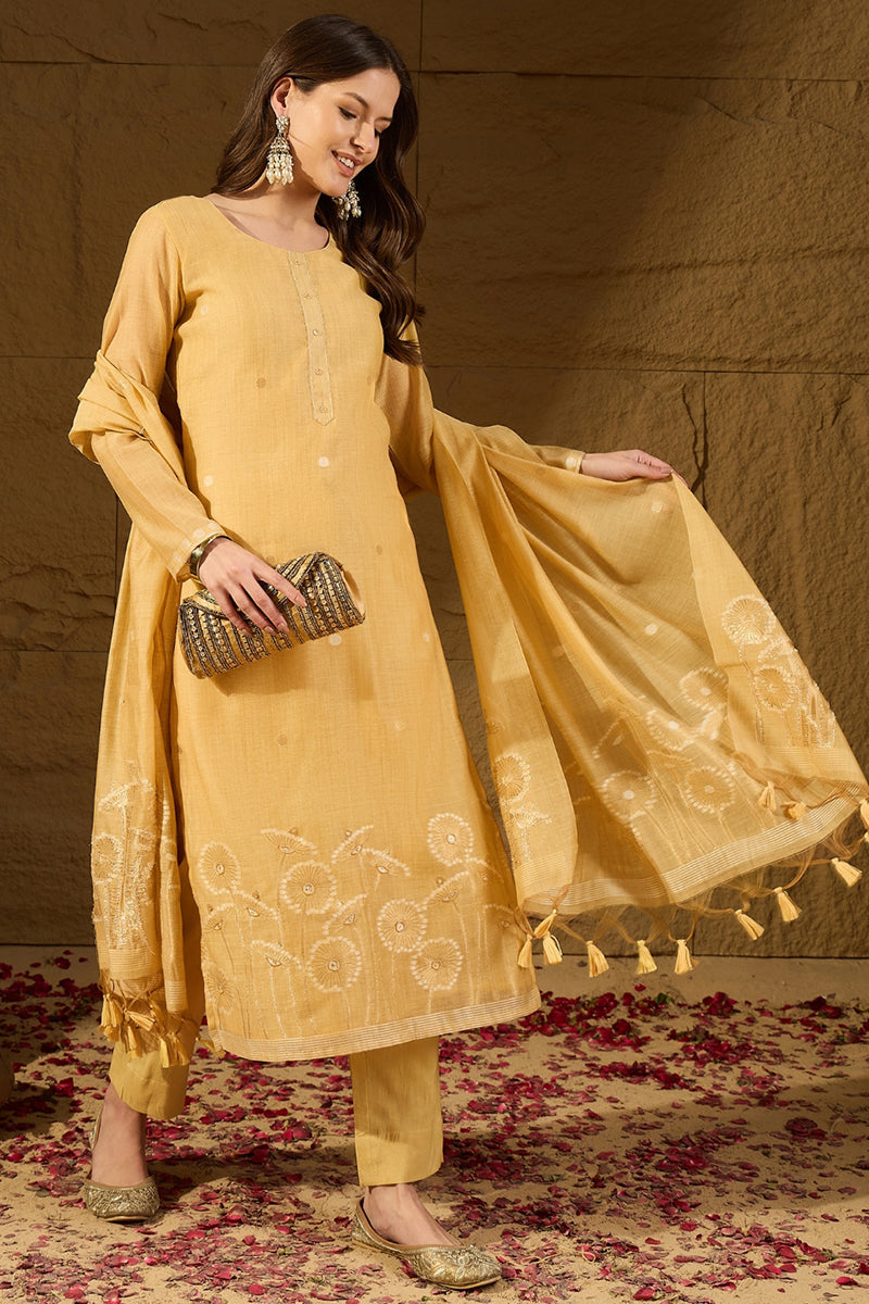 Yellow Chanderi Woven Design Straight Kurta Trouser with Dupatta | SHOBITAM