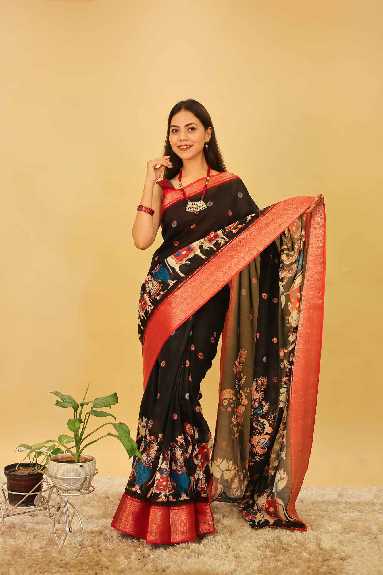 Soft Dola Silk With Pichwai Print & Contrast Zari Border Pre Drape Saree