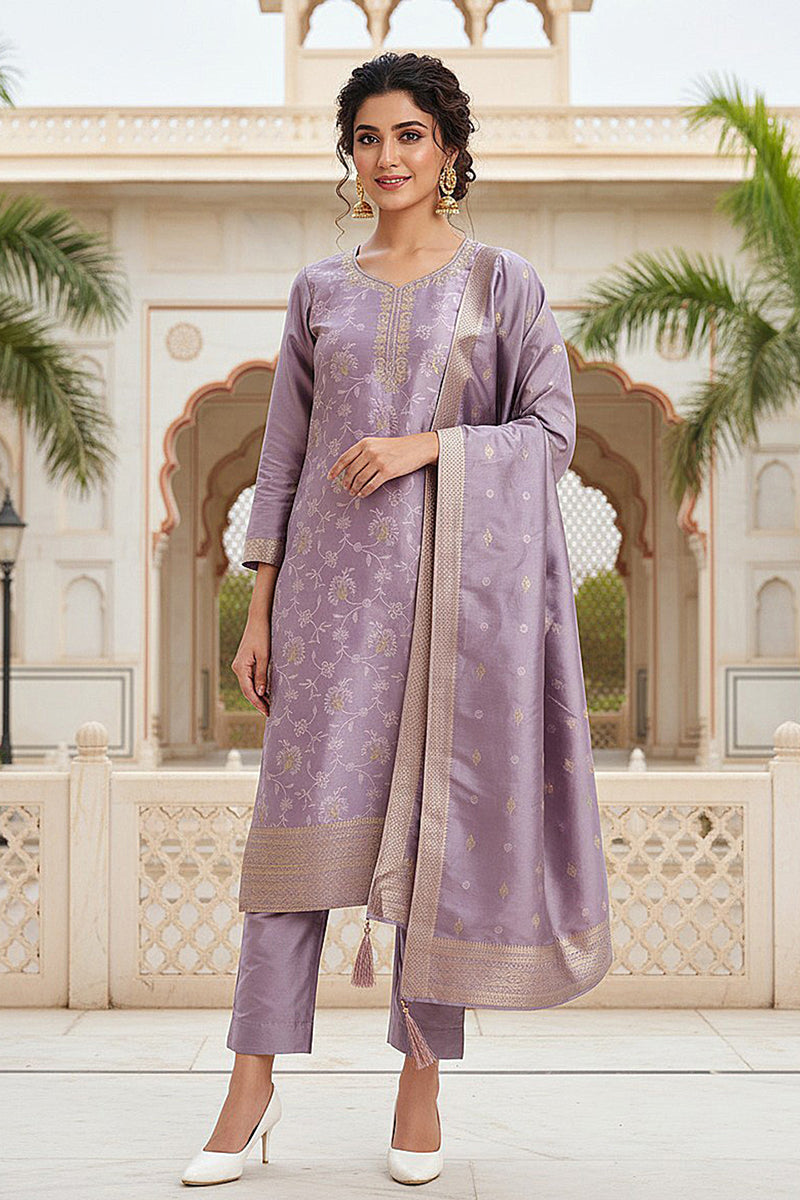 Lavender Silk Blend Ethnic Motifs Woven Design Straight Suit Set | SHOBITAM