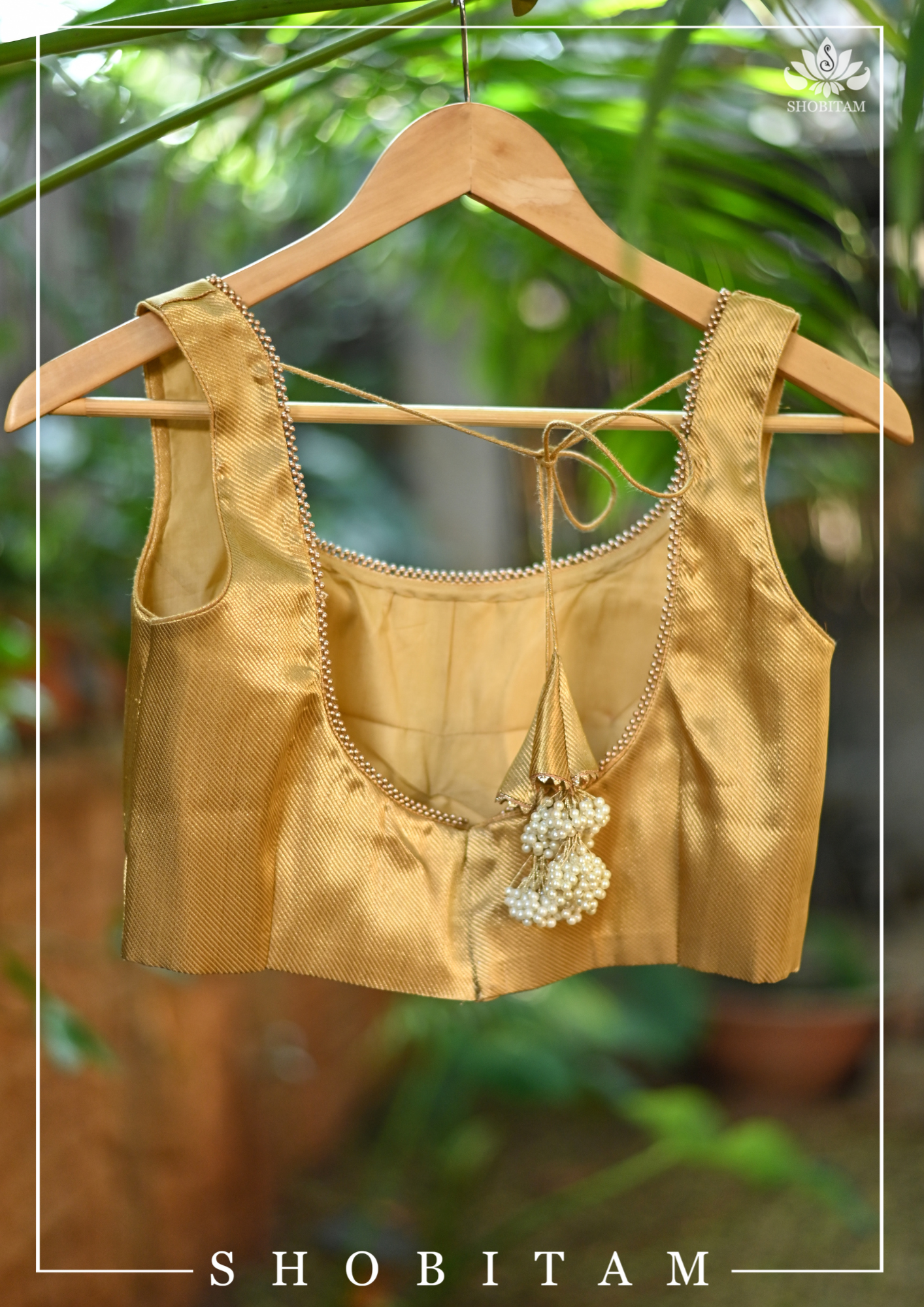 Made to Measure: Gold brocade U neck sleeveless blouse | Shobitam