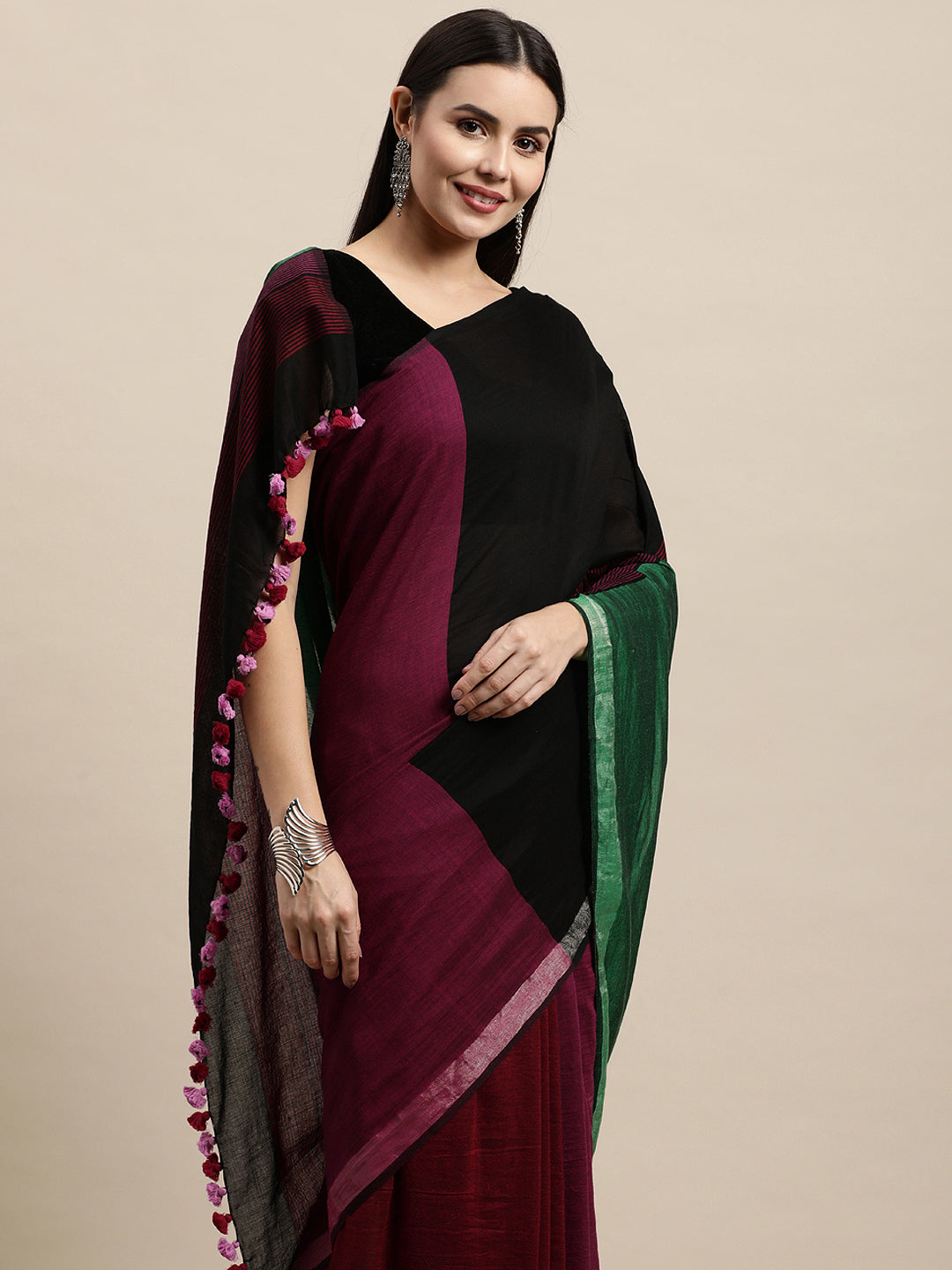 Colour block Cotton Saree with pompoms | Shobitam