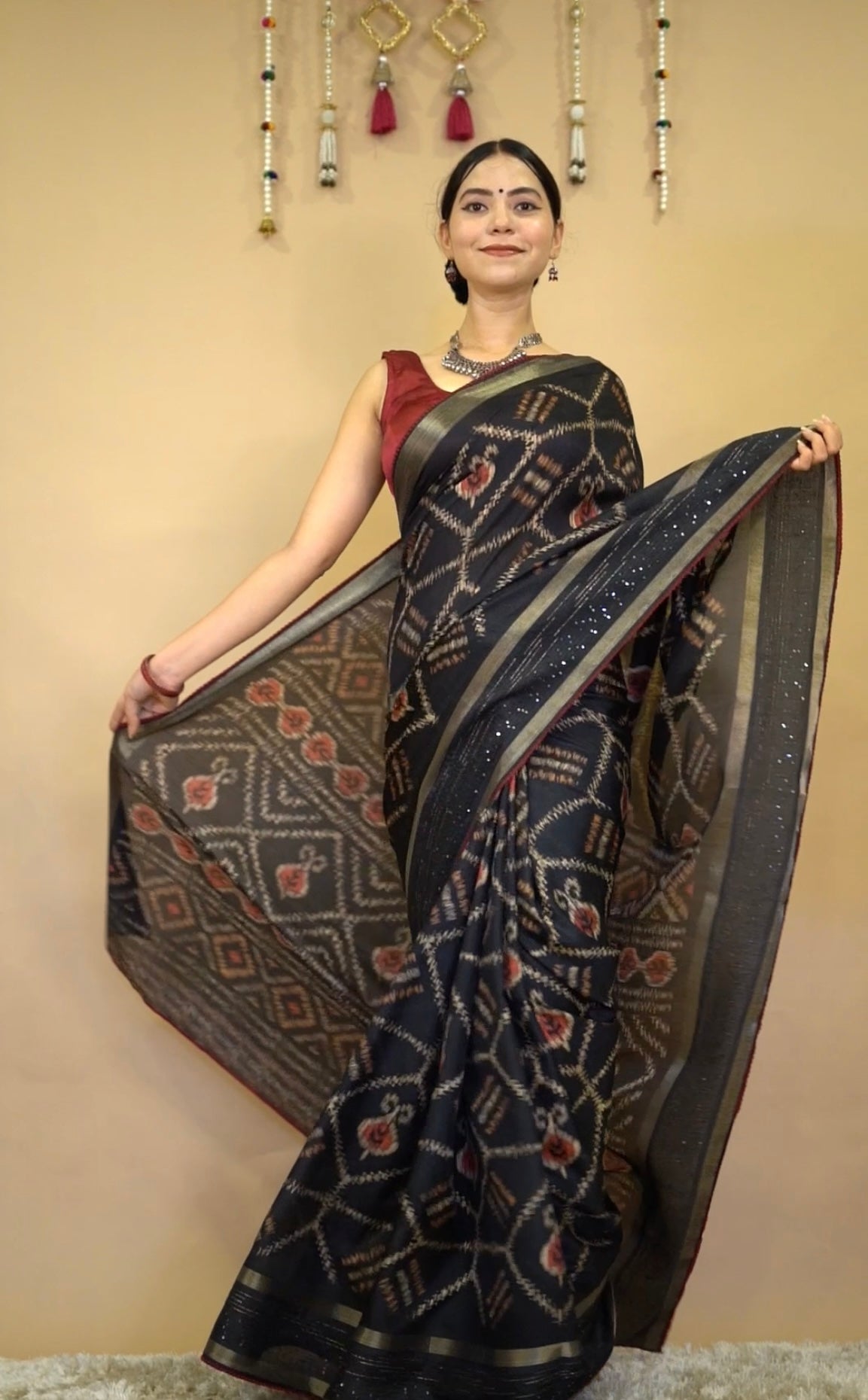 Beautiful cotton silk blend patola print with delicate sequin embellished border ready to wear saree