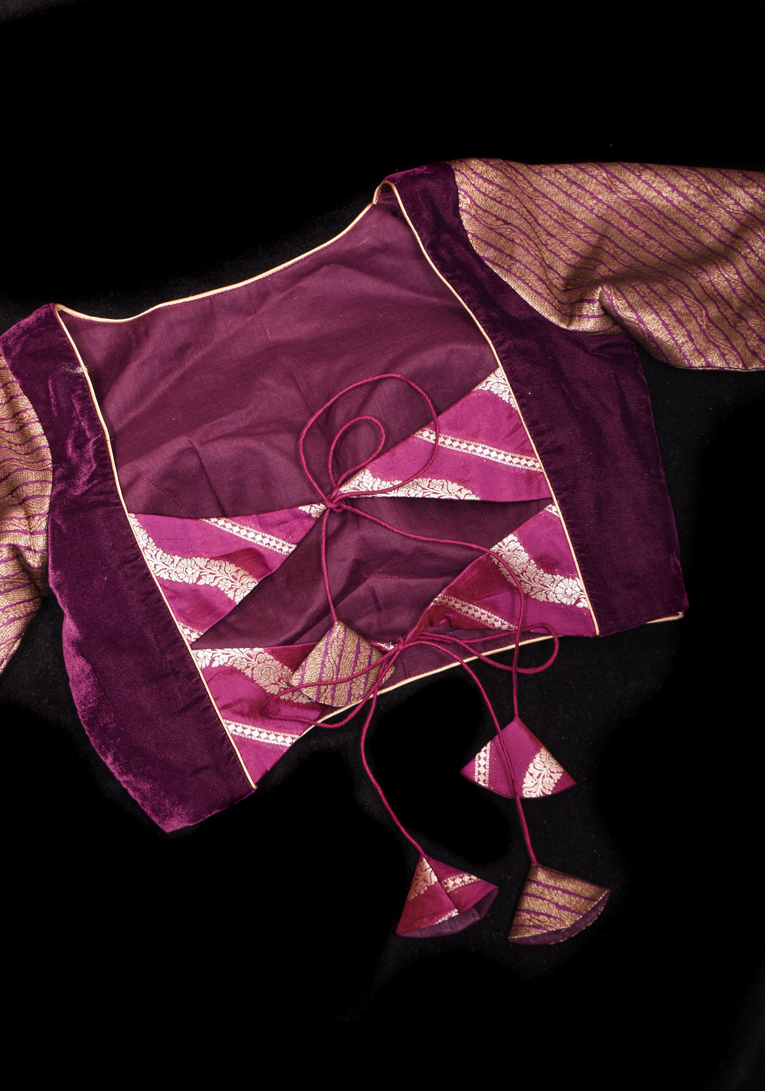 Plum Velvet and  Brocade blouse with  Boat neck and double tie up tassel at the back | Shobitam