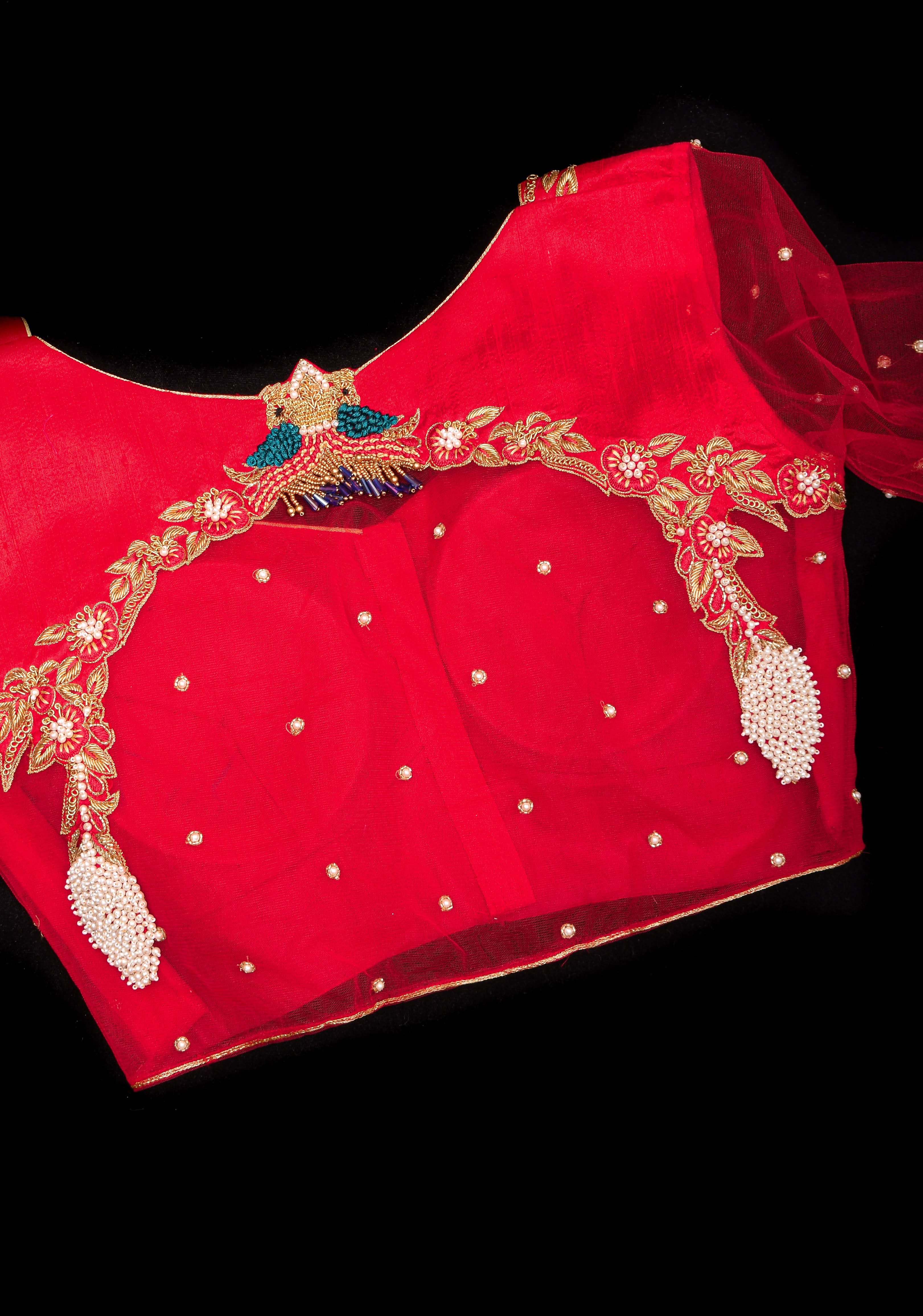Red Pure Raw silk with Zardosi handwork Peacock design on Net Back and Sleeves | Shobitam