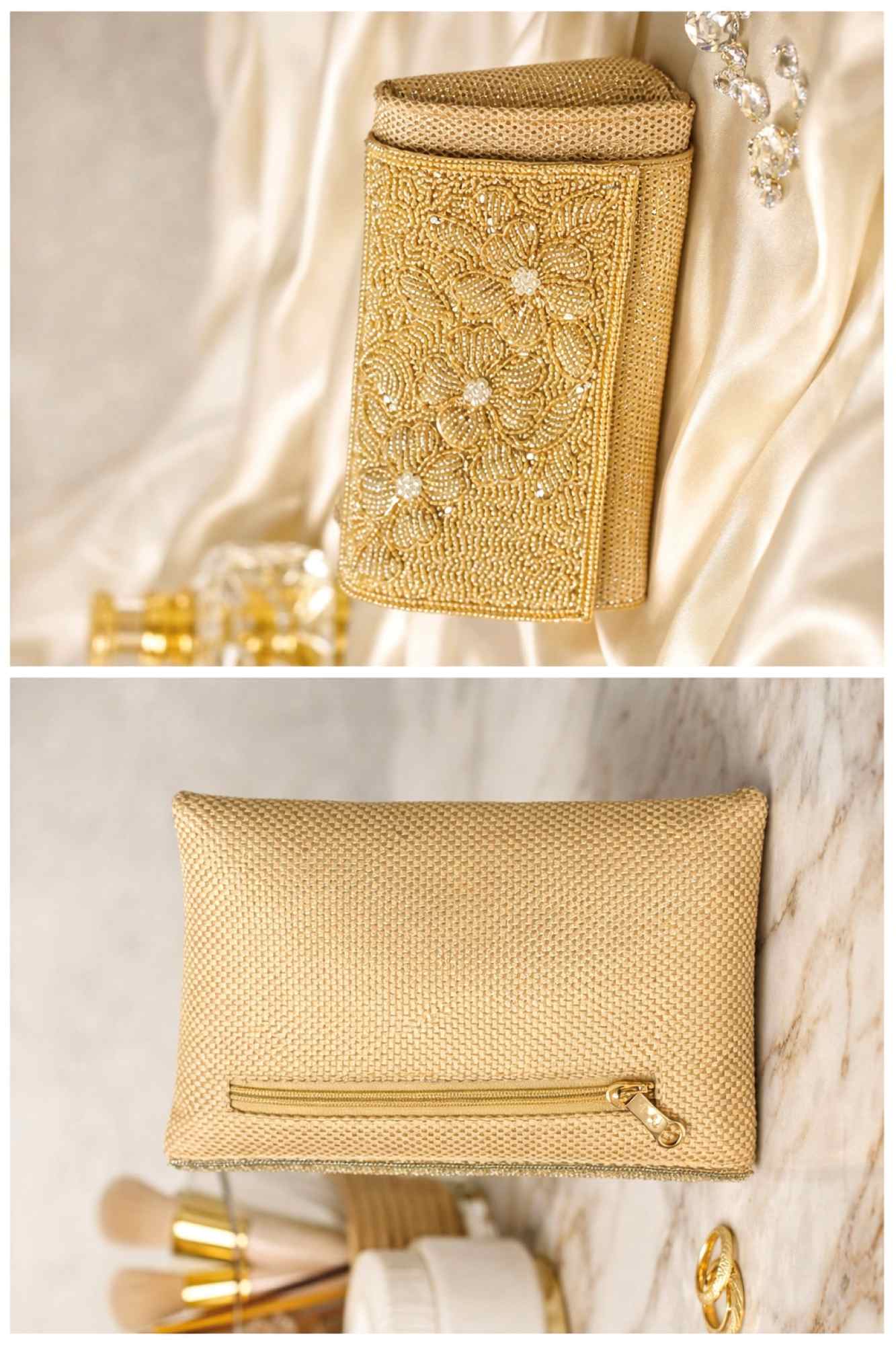 Opulent Golden Bloom Sequin & Beadwork Evening Clutch Bag