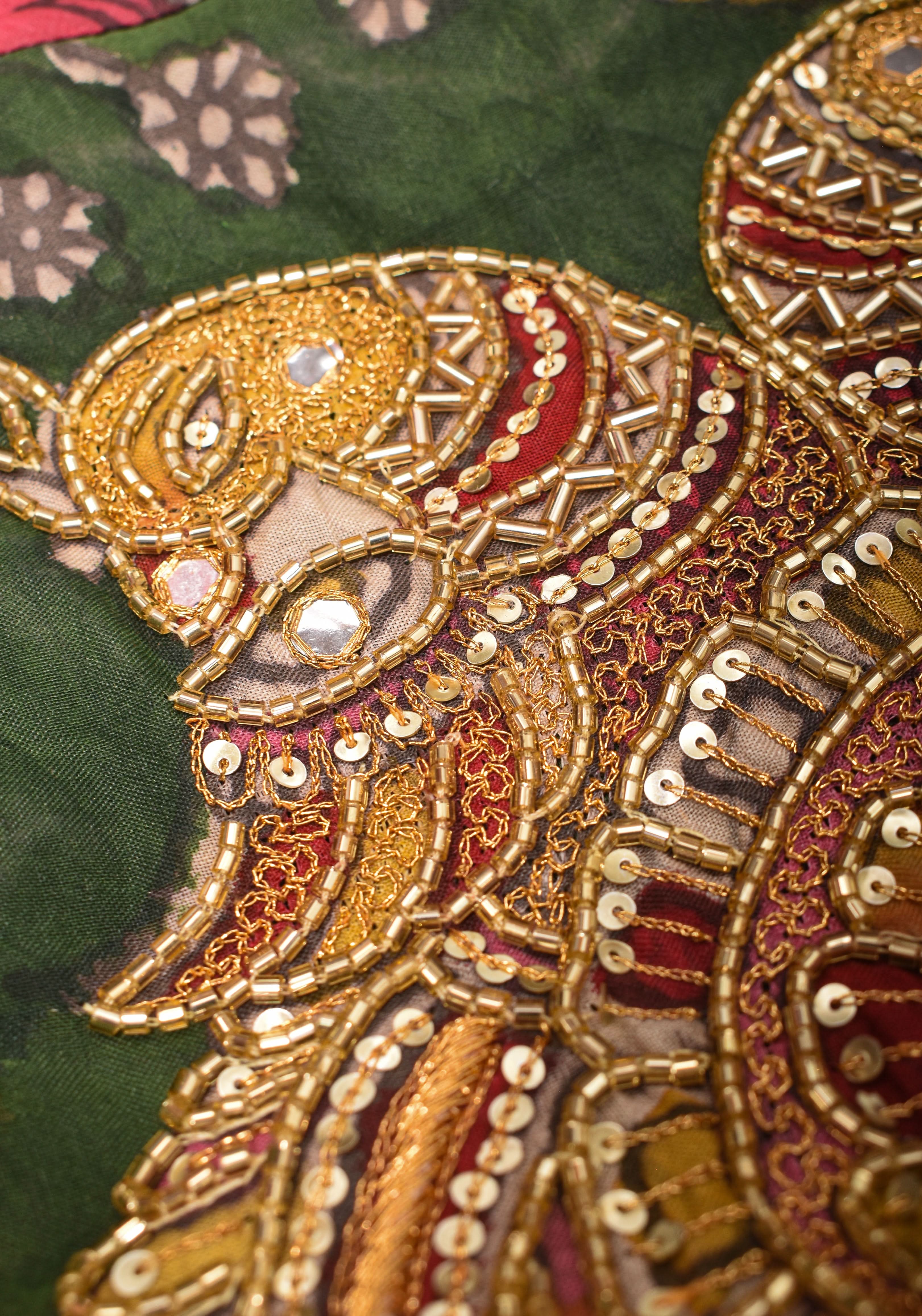 Pure Pen Kalamkari Blouse in olive green with peacock motifs and cutdana sequin hand work | Shobitam