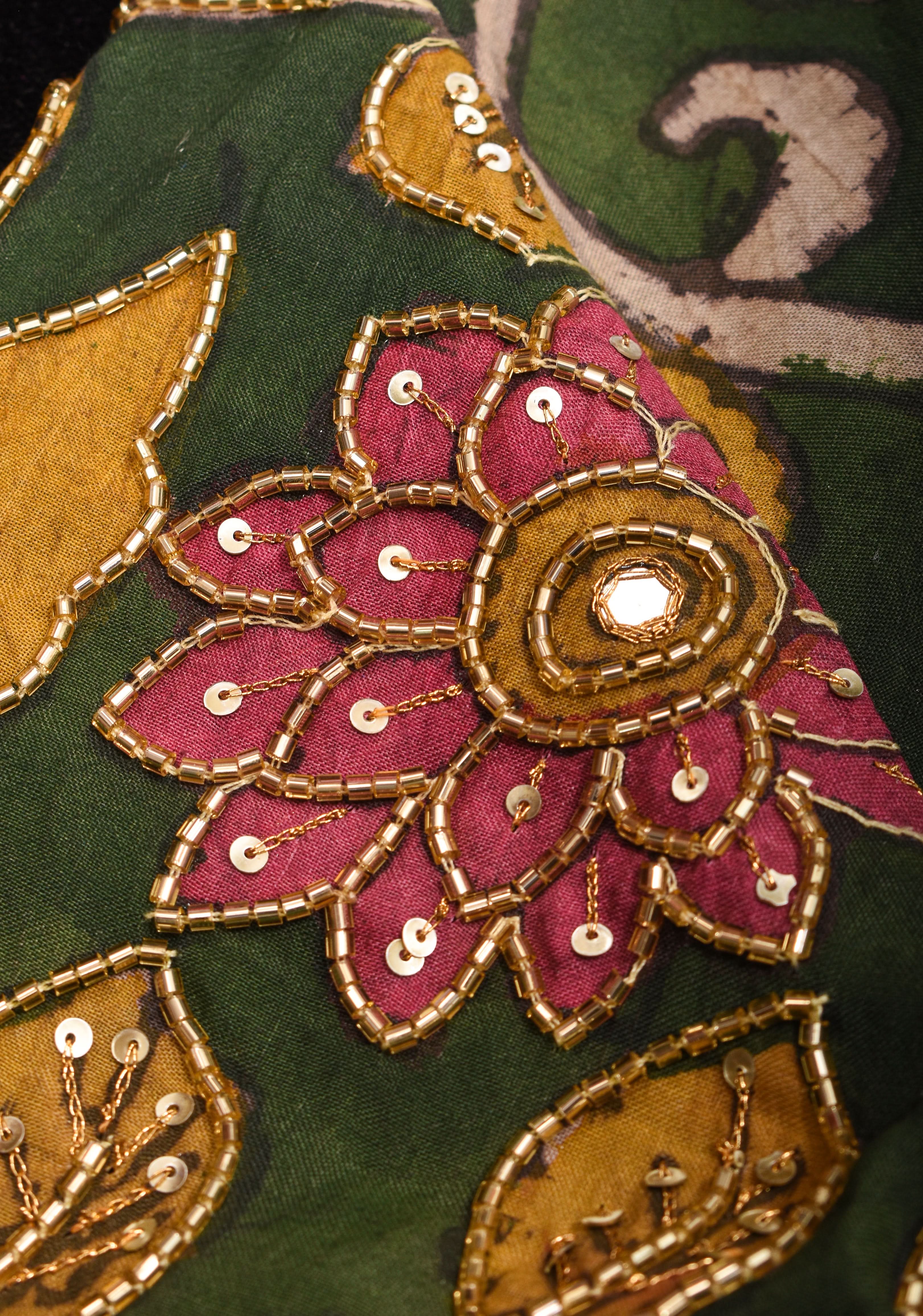 Pure Pen Kalamkari Blouse in olive green with peacock motifs and cutdana sequin hand work | Shobitam