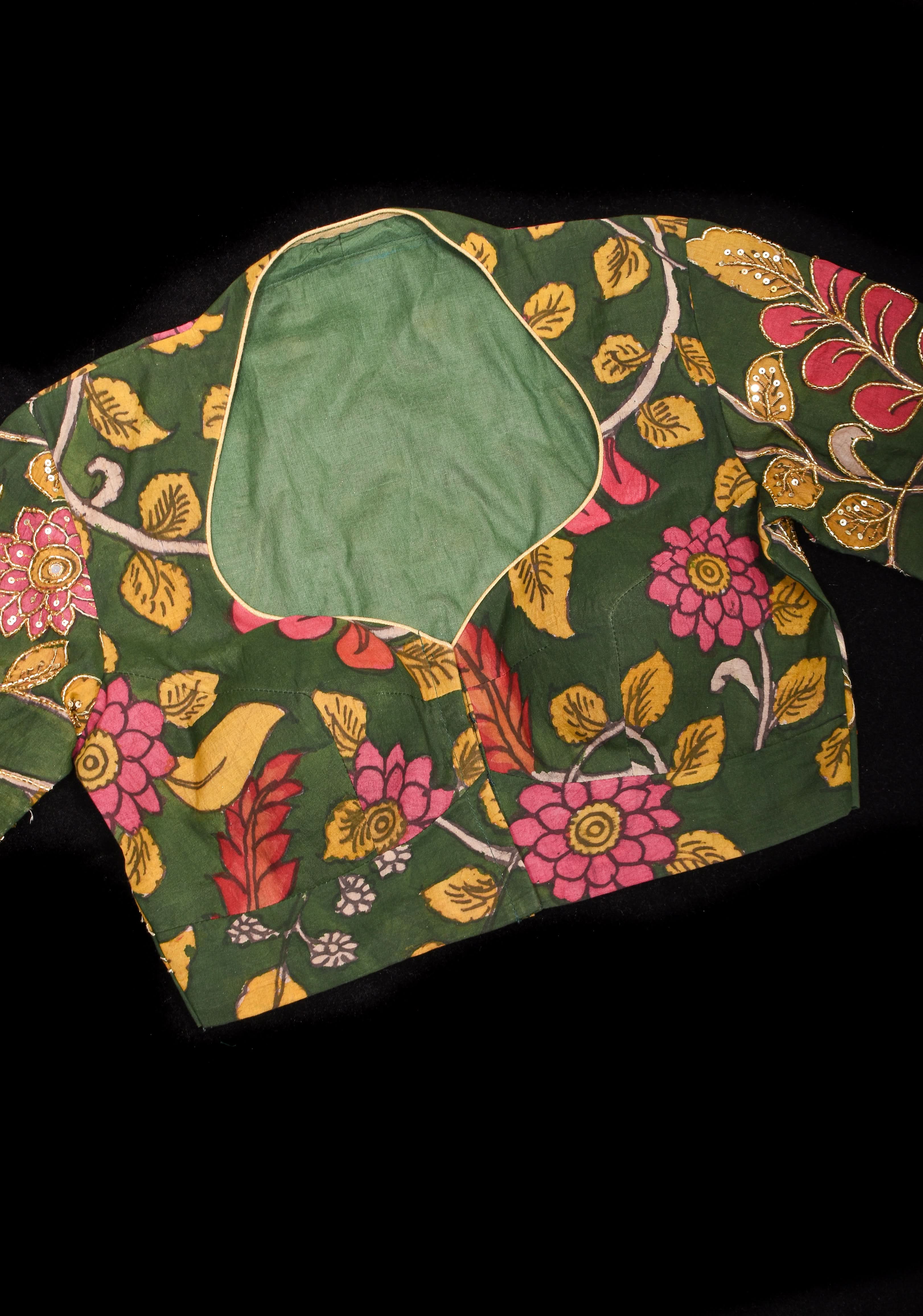 Pure Pen Kalamkari Blouse in olive green with peacock motifs and cutdana sequin hand work | Shobitam