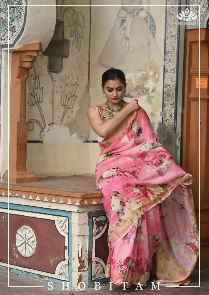 Pink Pure Linen Saree with Floral Digital Print | Shobitam